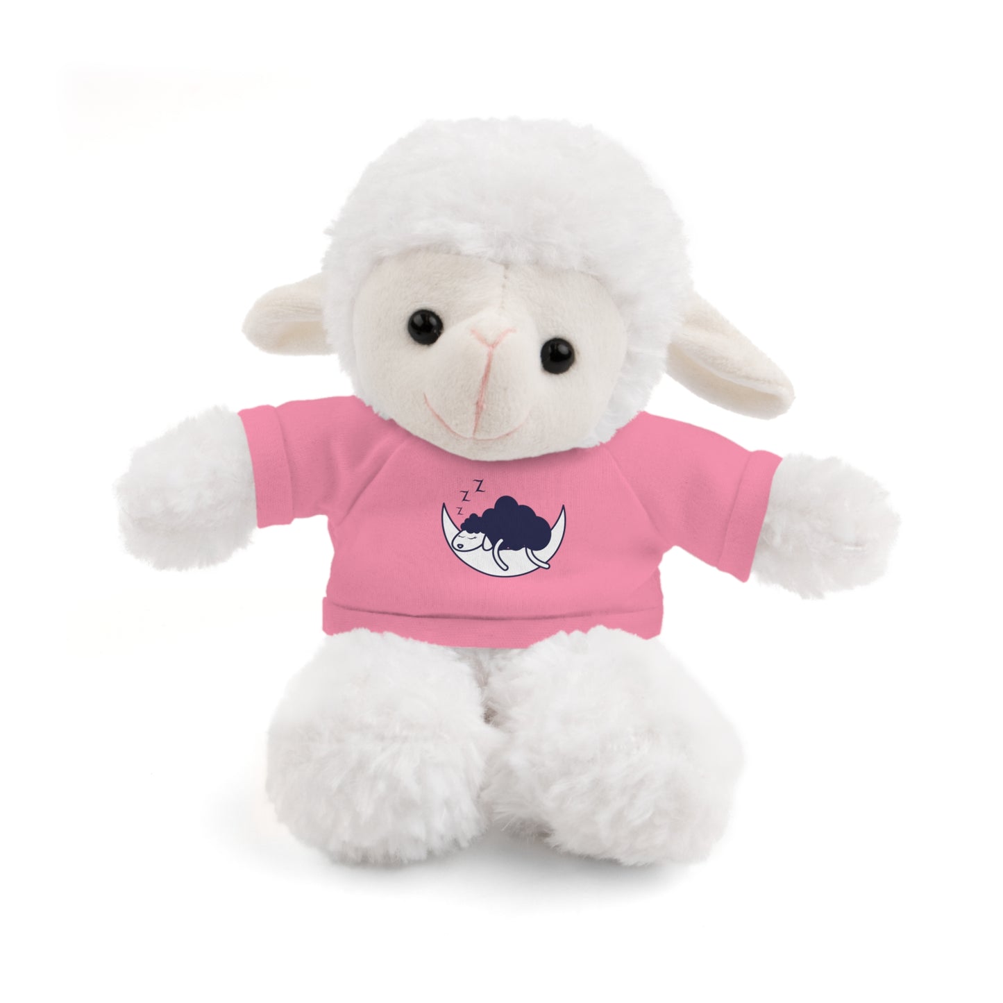 Sleep Sheep Stuffed Animal wearing a cotton tee, 8 tall, made with polyester and plastic pellet stuffing, suitable for children ages 3 and up.