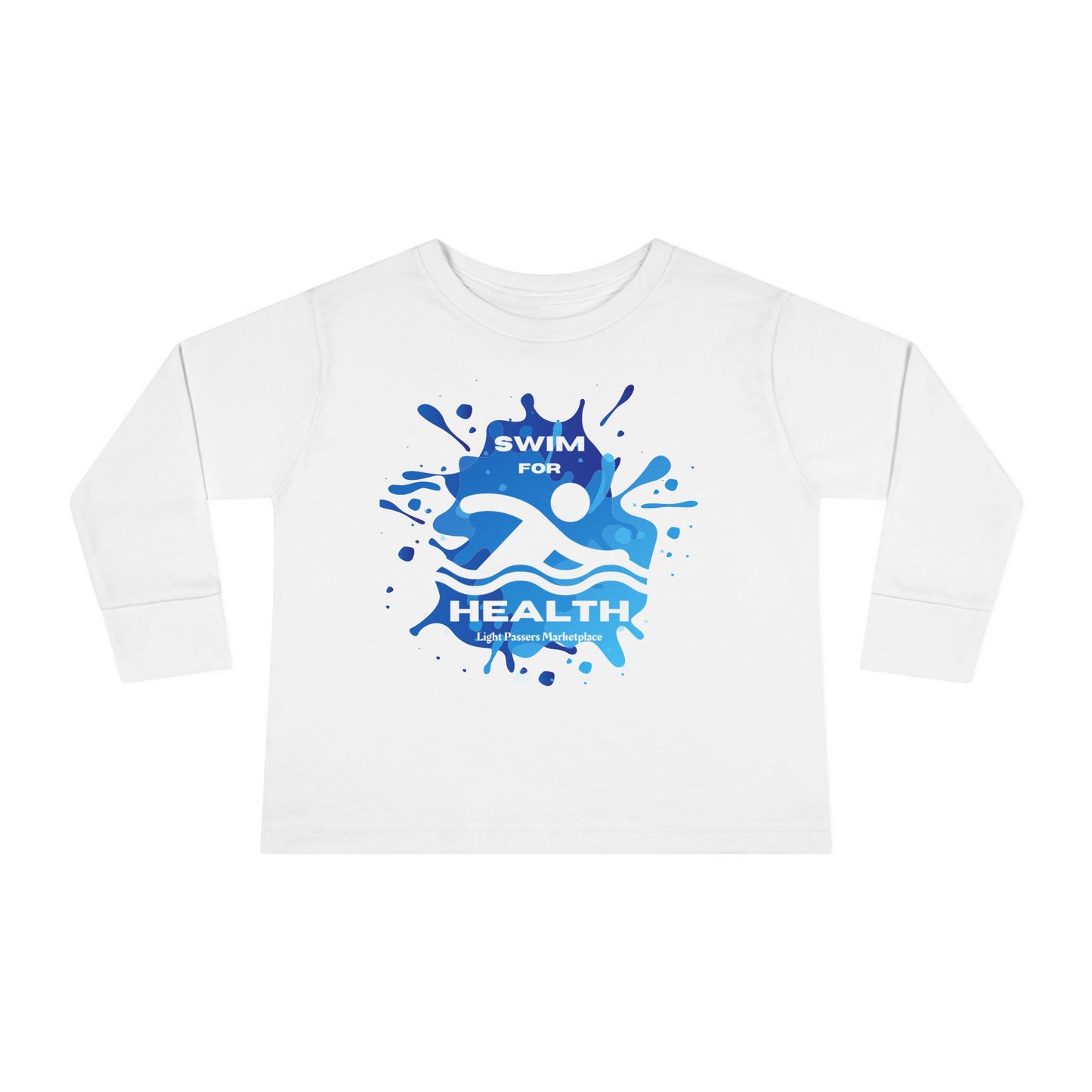 Health Toddler Long Sleeve Swim for Health features blue paint splashes and a swim competition logo, perfect for pool or beach play.