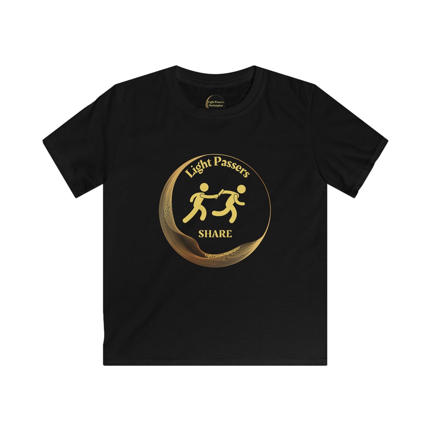 The Light Love and Peace Light Passers Share Youth T-Shirt features a gold logo of two people holding hands on a black background.