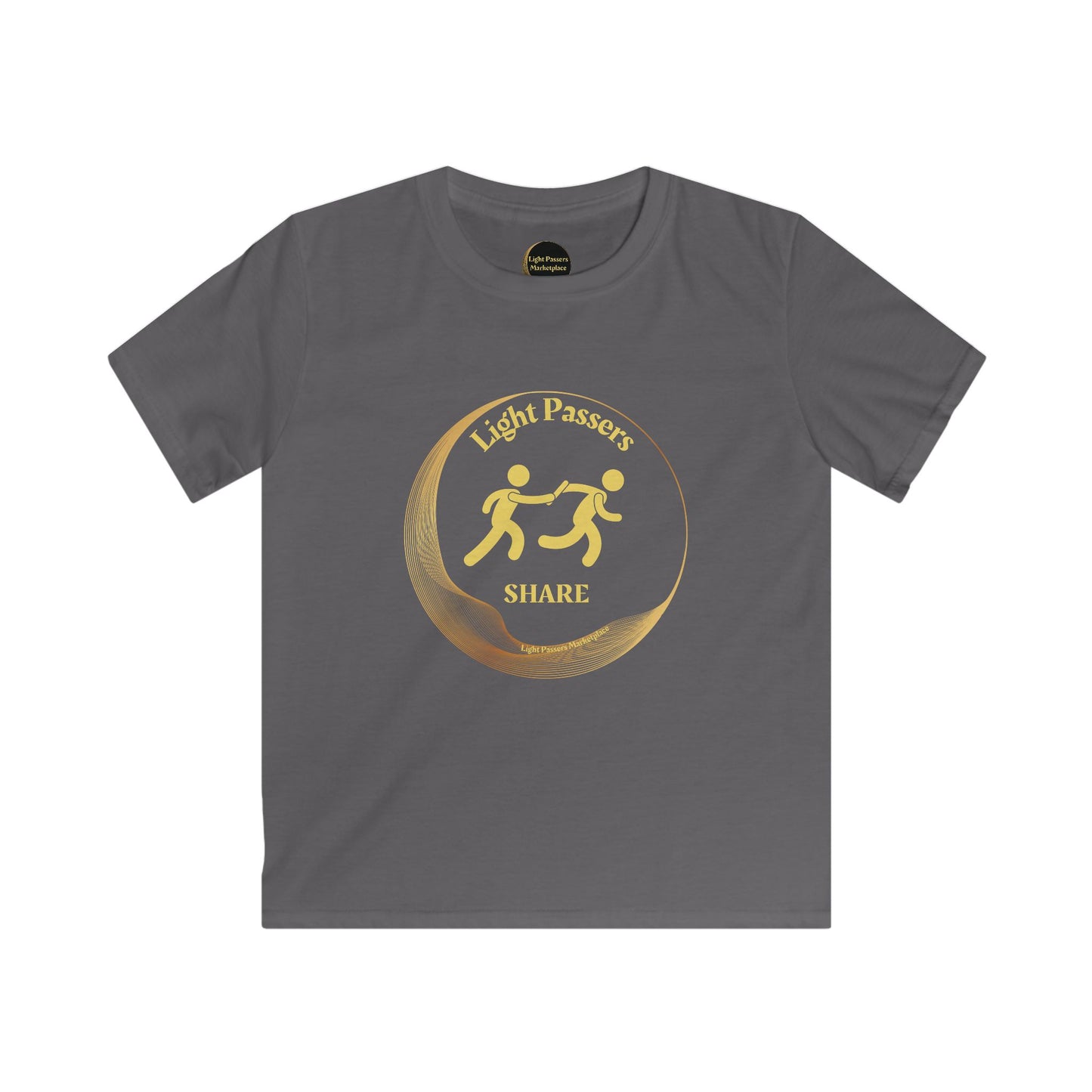 The Light Love and Peace Light Passers Share Youth T-Shirt features a playful logo of two yellow stick figures holding hands, ideal for active play.