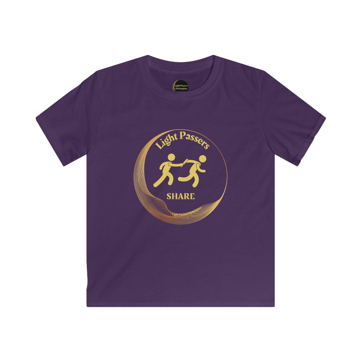 The Light Love and Peace Light Passers Share Youth T-Shirt, featuring a playful yellow logo on a soft, durable purple fabric. Ideal for active kids.