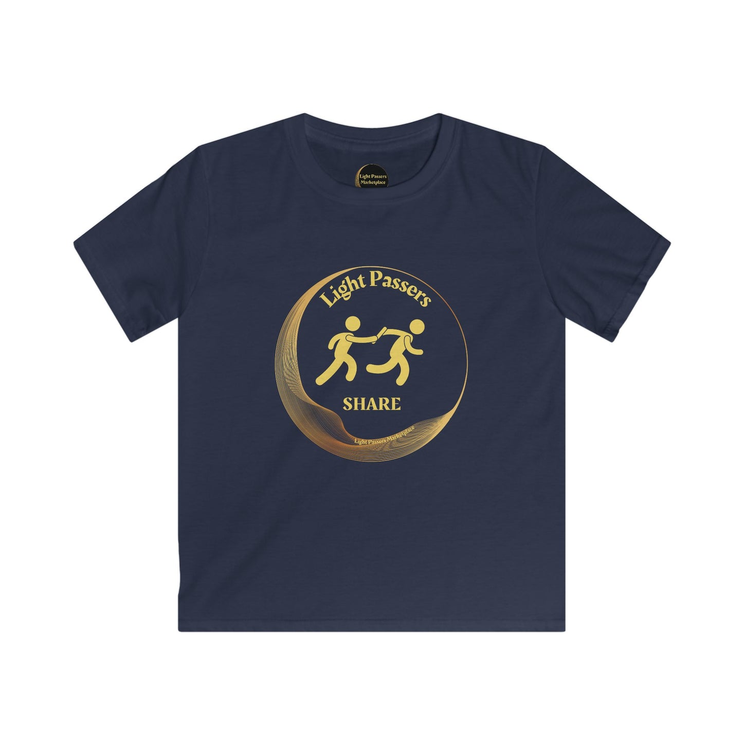 The Light Love and Peace Light Passers Share Youth T-Shirt, featuring a logo of two figures holding hands, designed for playful comfort and style.