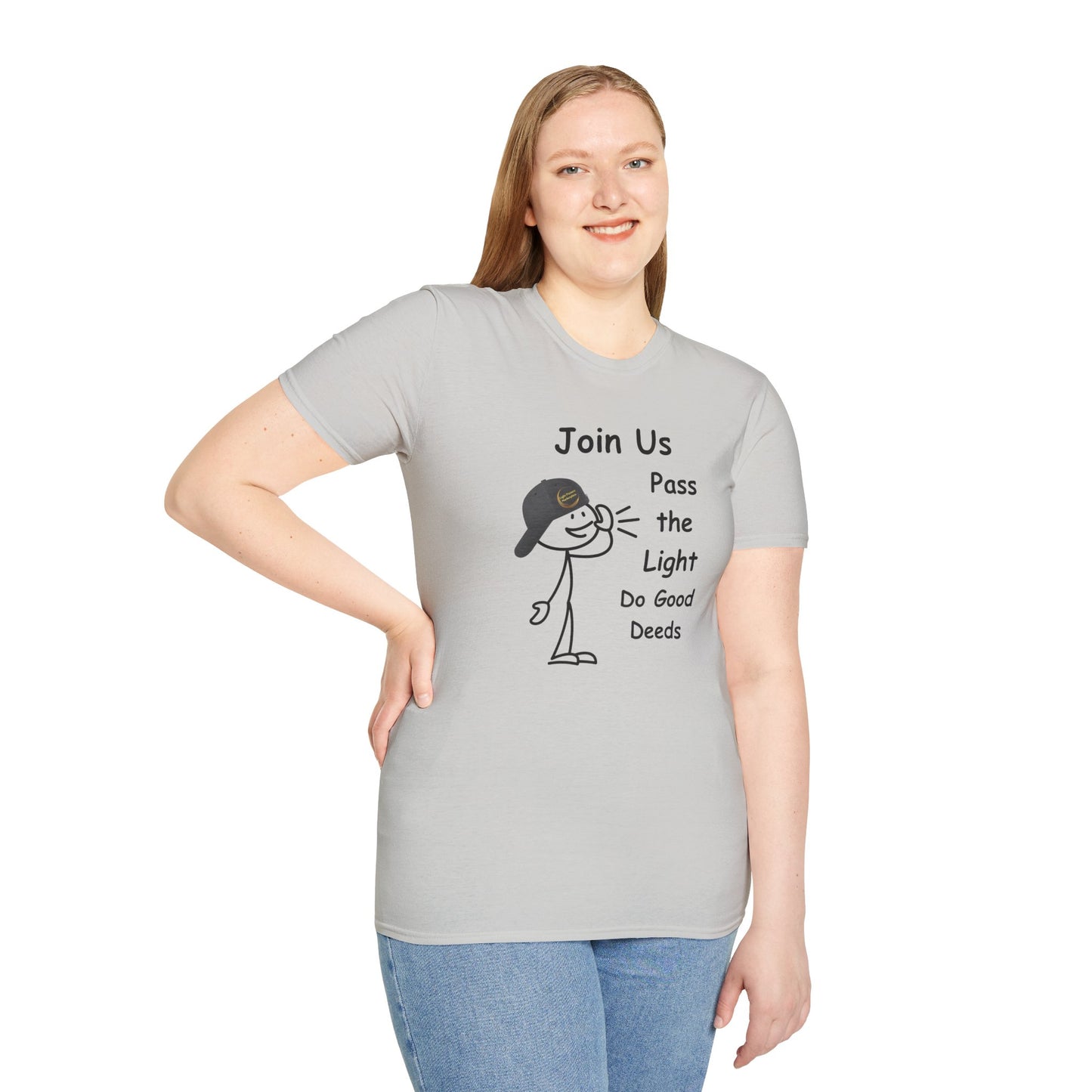 A woman in a grey shirt poses, showcasing the Join Us Do Good Deeds Unisex T-Shirt. Soft 100% cotton, twill tape shoulders, ribbed collar, no side seams, and tear-away label for comfort.