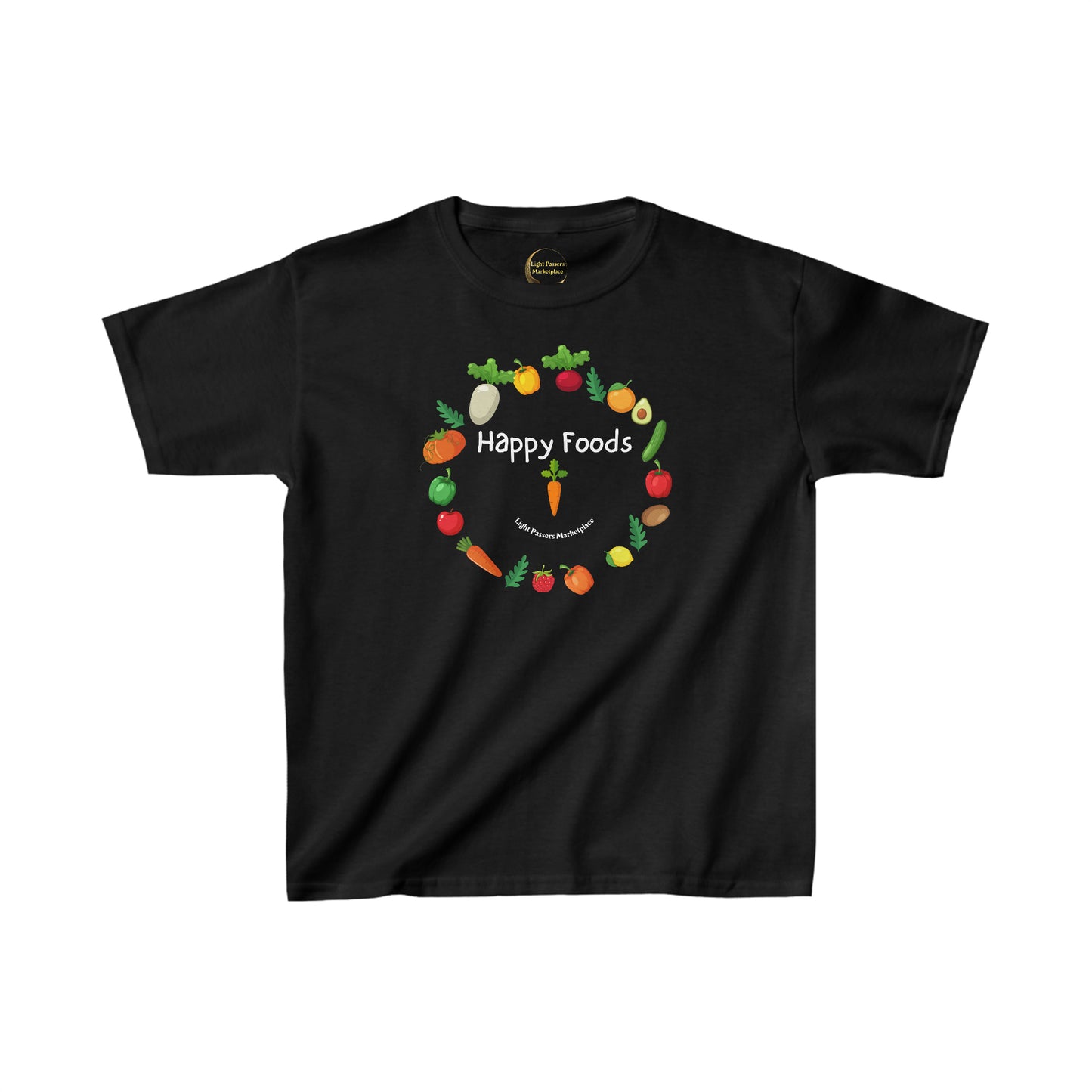 A black youth t-shirt featuring a circle of vegetables and text, made of 100% cotton with twill tape shoulders for durability and ribbed collar for curl resistance. Ethically crafted with US cotton.