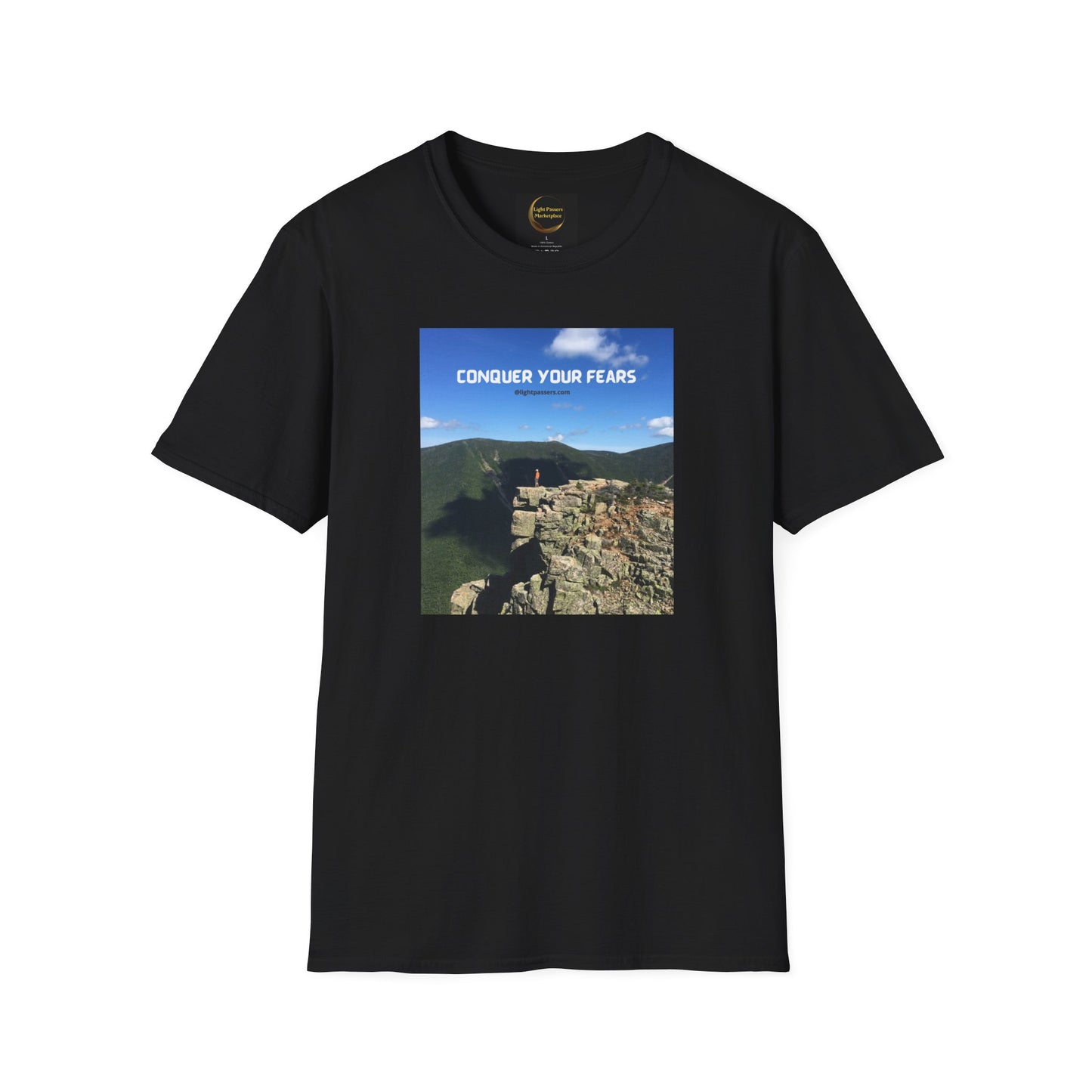 A black shirt featuring a mountain scene, ideal for outdoor enthusiasts. Unisex heavy cotton tee with smooth surface for vivid printing. No side seams for comfort. Conquer Your Fears Hiking design.