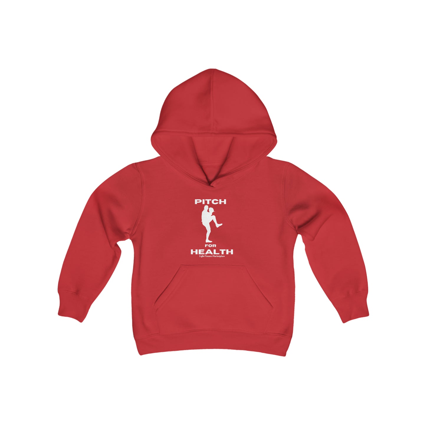A red youth blend hooded sweatshirt with kangaroo pocket, made of soft preshrunk fleece (50% cotton, 50% polyester). Features reinforced neck and twill taping.
