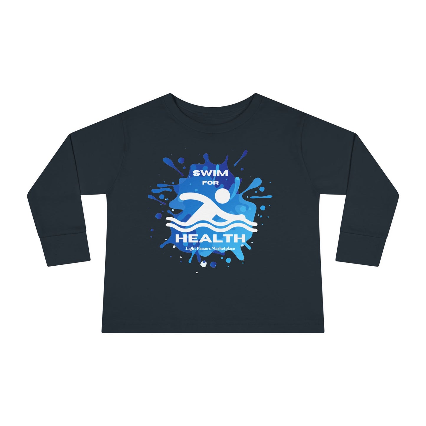 Health Toddler Long Sleeve Swim for Health features a graphic design on a comfortable long-sleeved tee, ideal for pool or beach play.