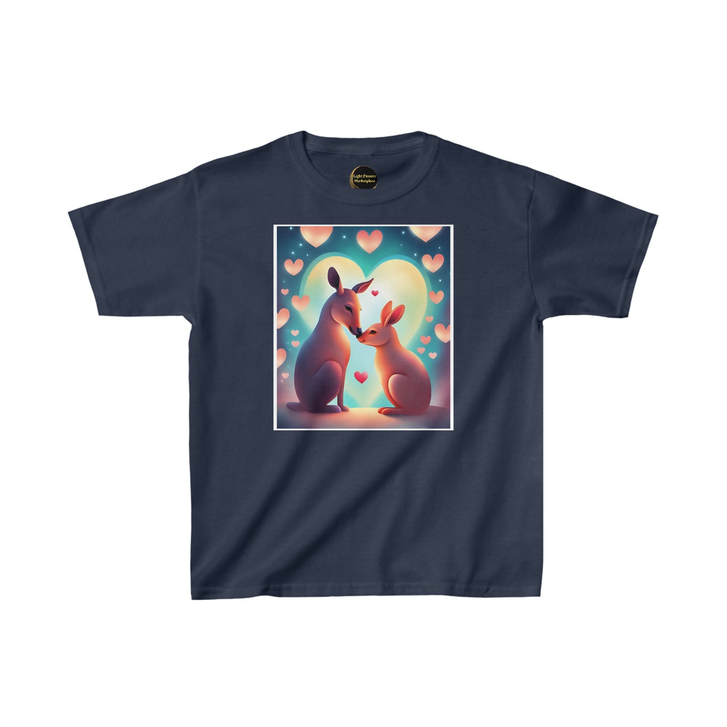 Youth t-shirt featuring kangaroos kissing, hearts, and love. Made of 100% cotton with twill tape shoulders for durability, ribbed collar, and tear-away labels for comfort. Ethically sourced US cotton.