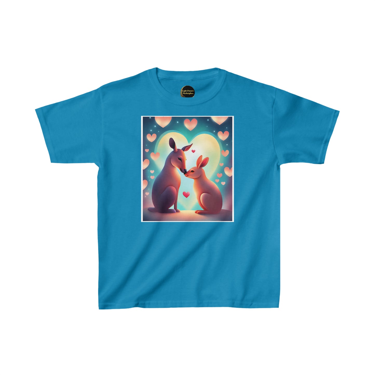 Youth t-shirt featuring kangaroos kissing, a pink heart, and a cartoon kangaroo with a baby. Made of 100% cotton, with twill tape shoulders for durability and curl-resistant collar.