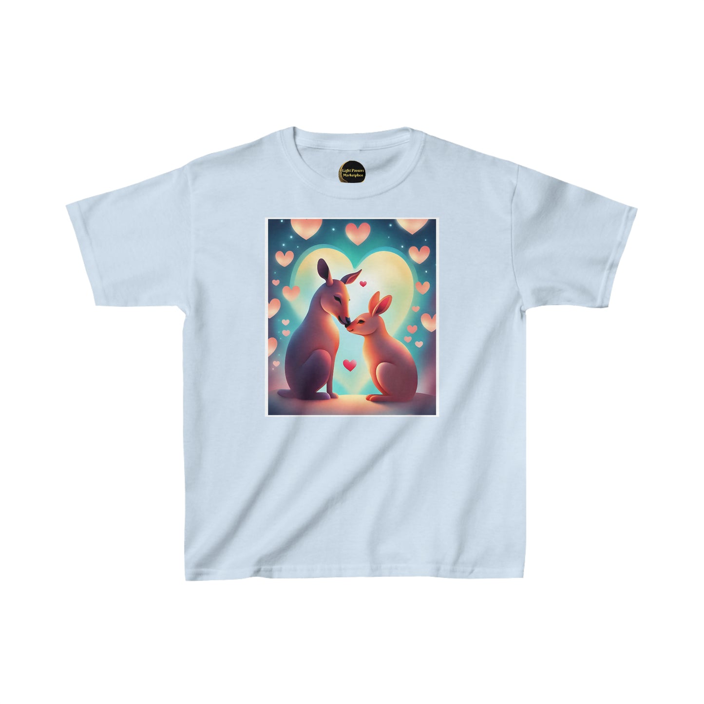 Youth t-shirt featuring kangaroos kissing, a heart, and a baby kangaroo cartoon. Made of 100% US cotton, with twill tape shoulders for durability and ribbed collar for curl resistance.