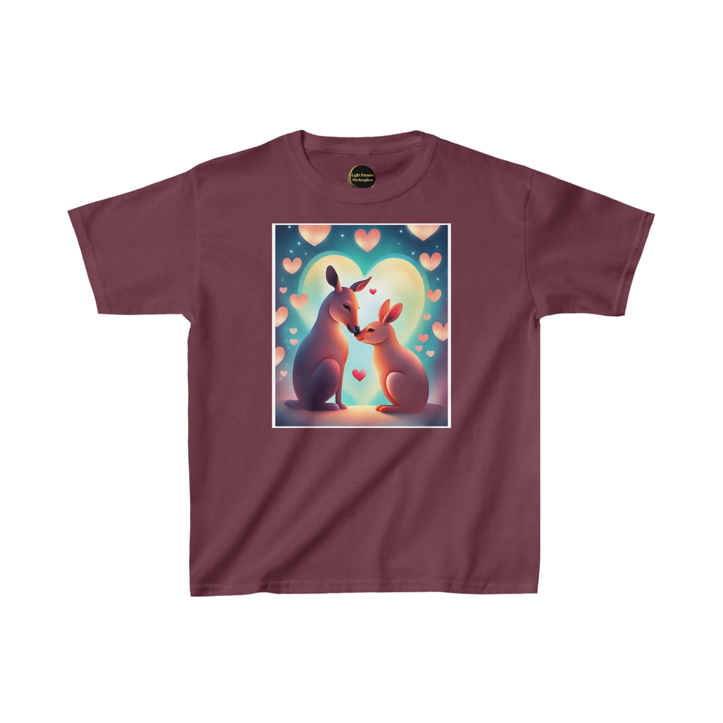 Youth t-shirt featuring kangaroos kissing, a pink heart, and a cartoon kangaroo with a baby. Made of 100% cotton, durable twill tape shoulders, and ribbed collar. Ethically sourced US cotton.
