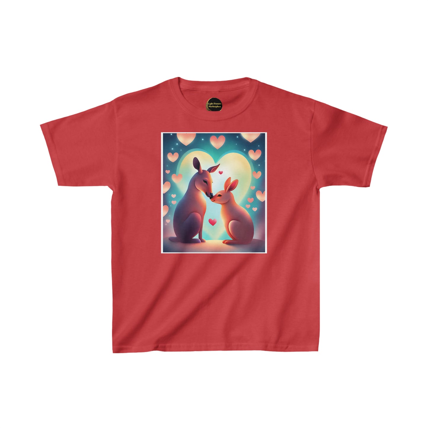 Youth t-shirt featuring kangaroos kissing, a pink heart, and a cartoon kangaroo. Made from 100% cotton with twill tape shoulders for durability and ribbed collar. Ethically sourced and Oeko-Tex certified.