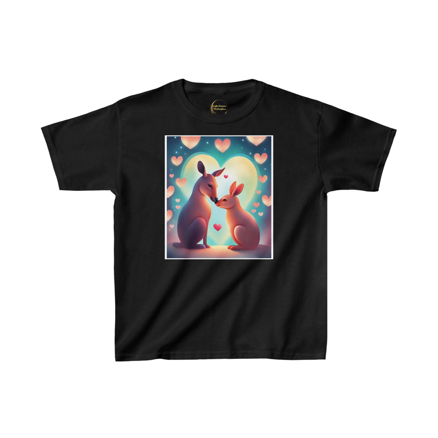 A youth t-shirt featuring kangaroos kissing, hearts, and love. Made of 100% cotton, with twill tape shoulders and ribbed collar for durability and comfort. Ethically sourced and Oeko-Tex certified.