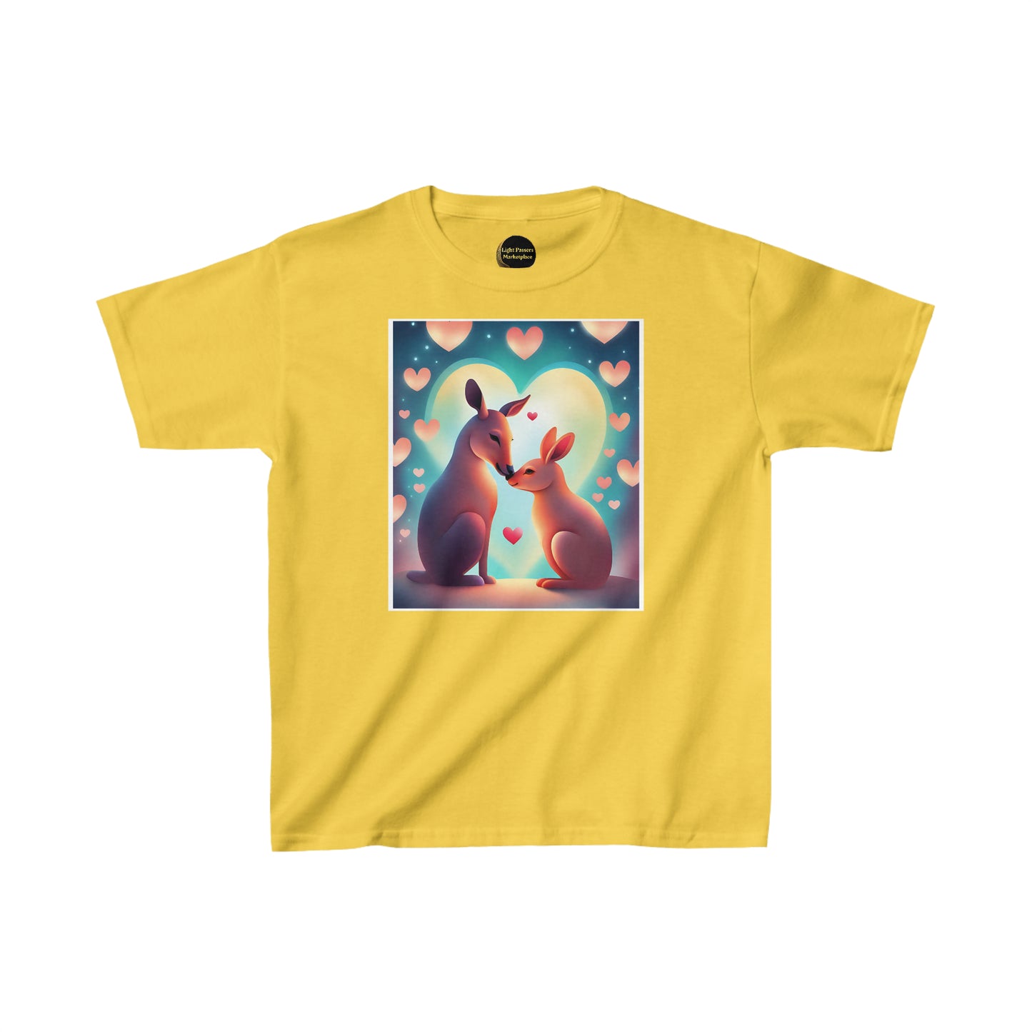 A yellow youth t-shirt featuring cute kangaroos sharing a heartwarming moment, made of 100% cotton with twill tape shoulders for durability and a curl-resistant collar. Ethically crafted with US cotton.