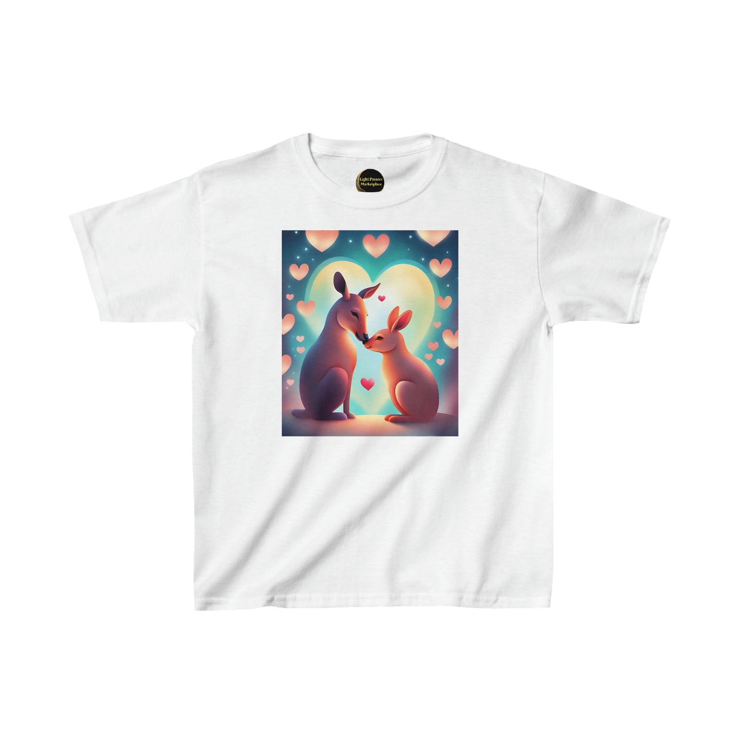 A white youth t-shirt featuring a couple of kangaroos in love, with a pink heart detail. Made of 100% cotton, ideal for printing, with twill tape shoulders for durability. Ethically sourced US cotton.