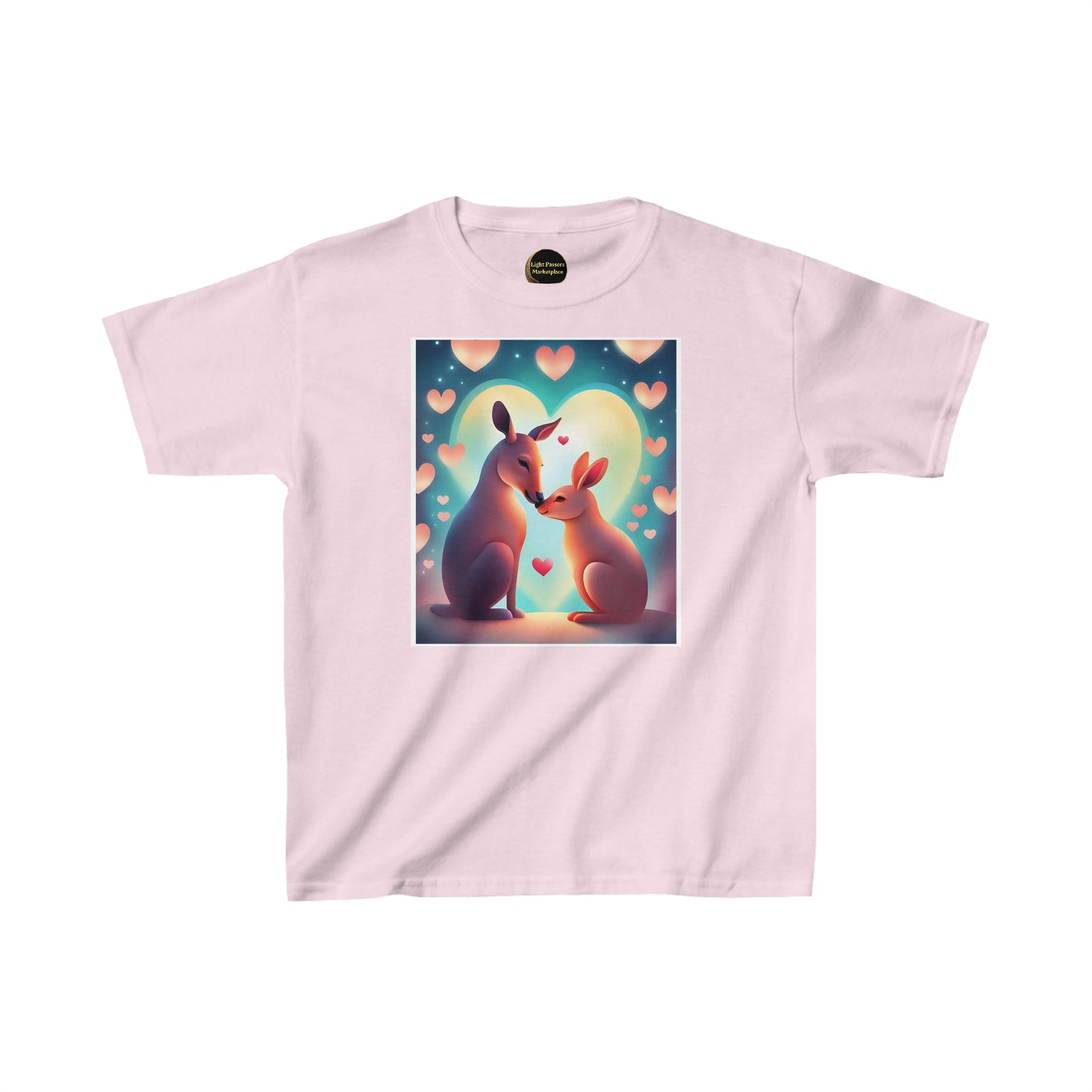 Youth t-shirt featuring kangaroos kissing, rabbits, and hearts. Made of 100% cotton, with twill tape shoulders and curl-resistant collar. Ethically sourced and soft to the touch.