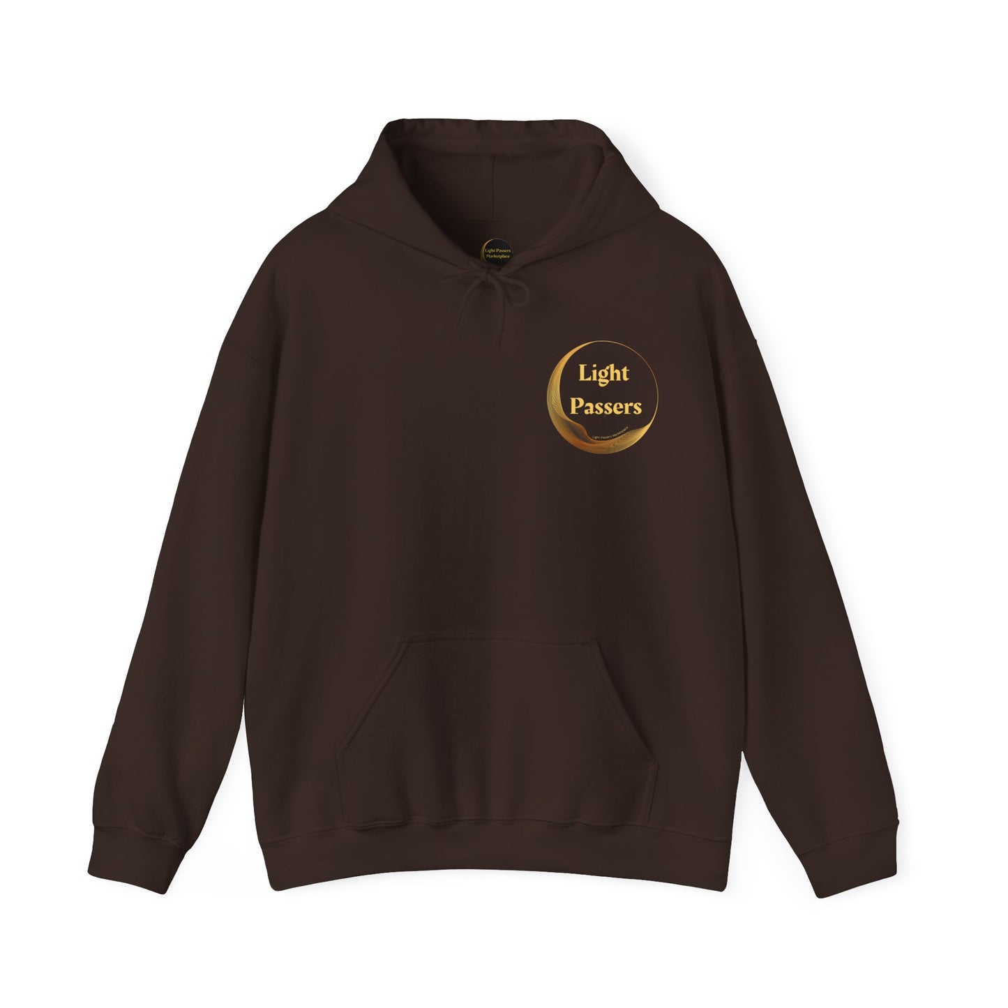 A brown unisex hoodie sweatshirt featuring a small LP logo, made of 50% cotton and 50% polyester for warmth and comfort. Includes a kangaroo pocket and color-matched drawstring for style.