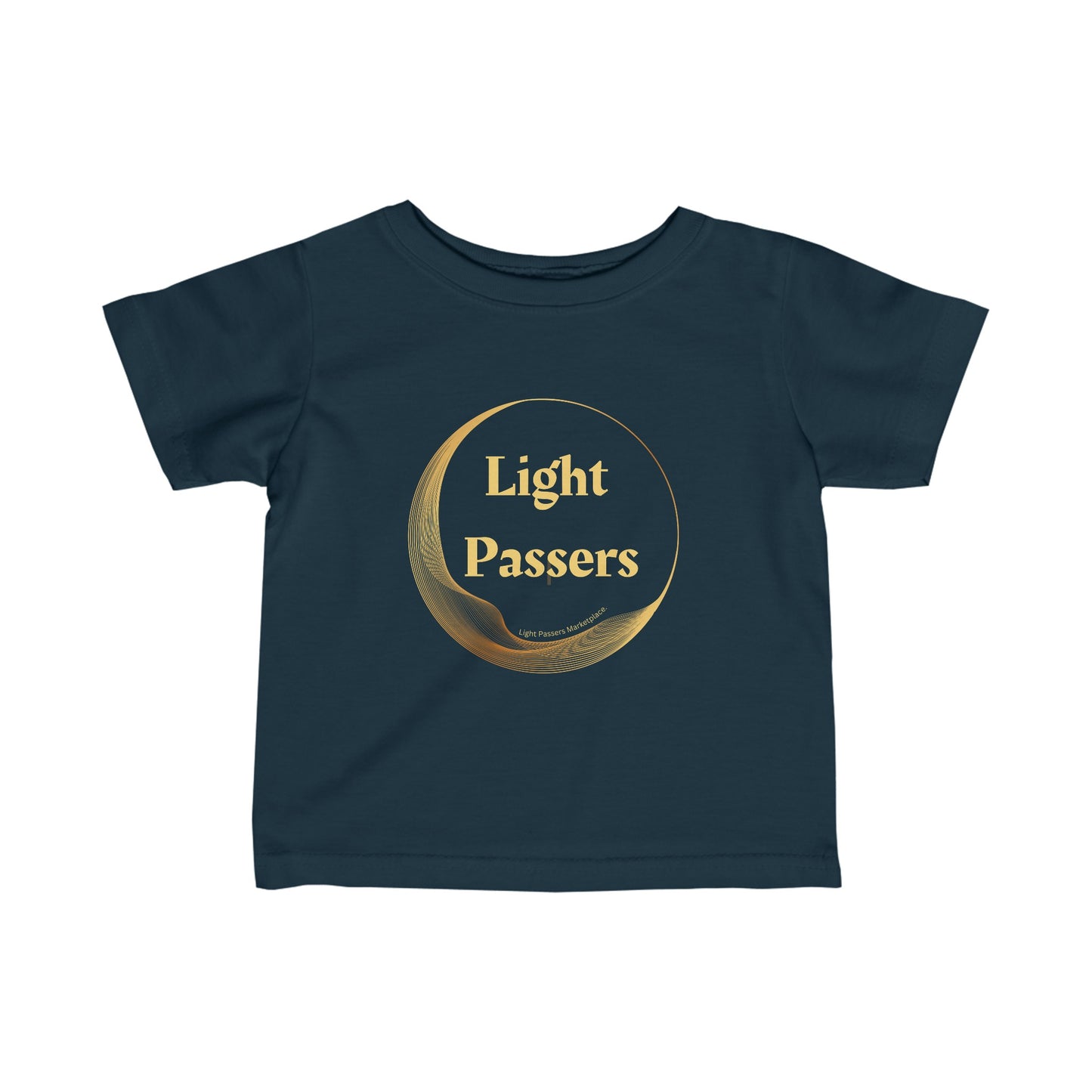 Light Passers Logo Baby T-shirt: Blue shirt with gold logo text, infant fine jersey tee with side seams, ribbed knitting, and taped shoulders for comfort and durability.