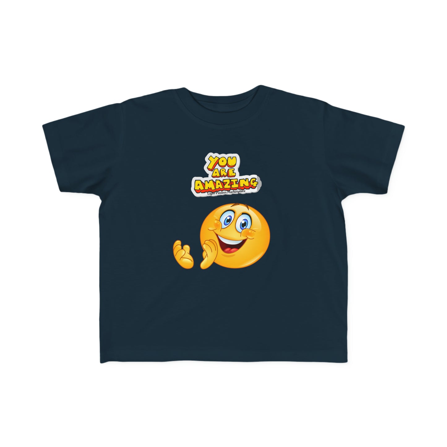 Toddler t-shirt featuring a blue smiley face cartoon. Made of soft 100% combed cotton, lightweight (4.5 oz/yd²), with a durable print. Classic fit, tear-away label, true to size.