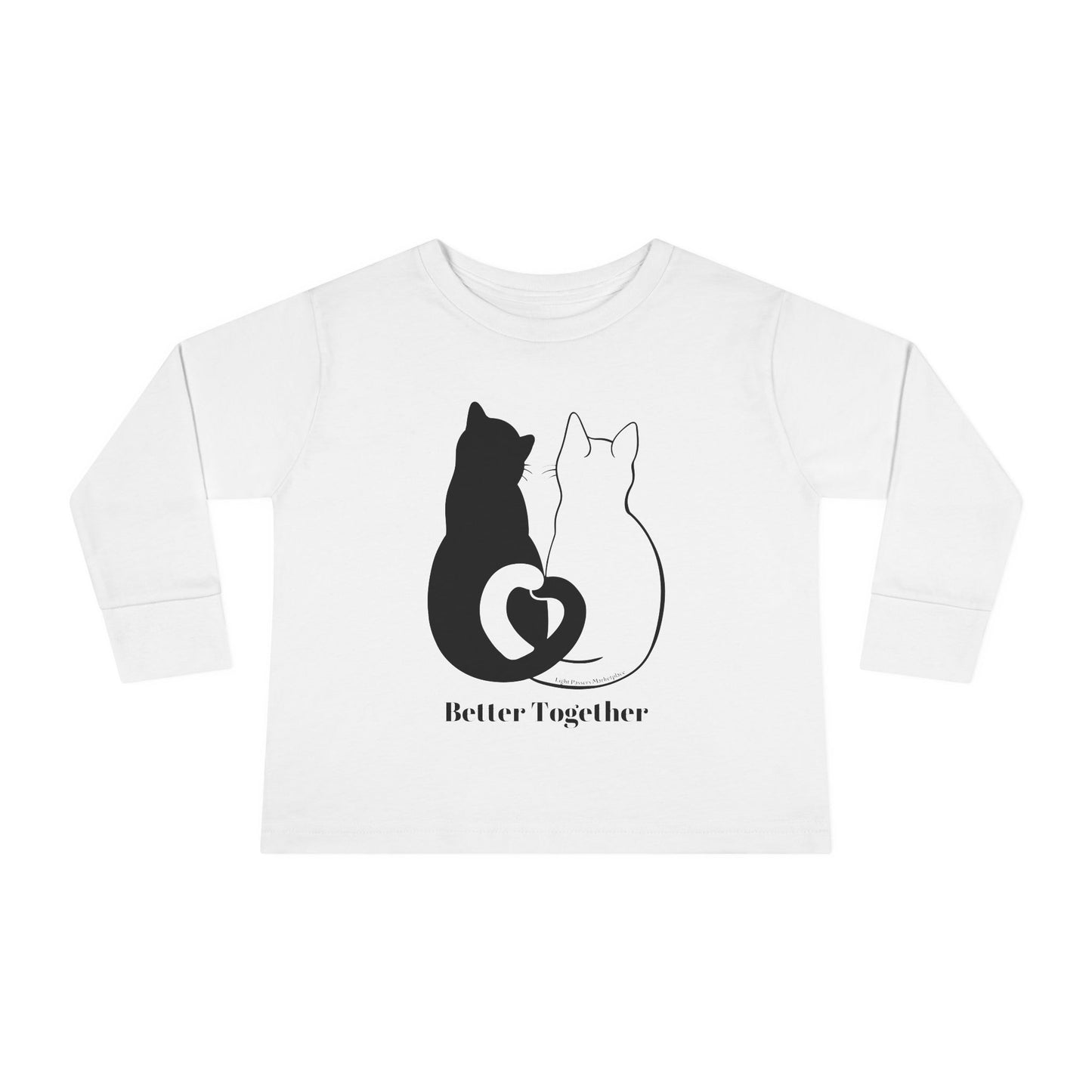 Better Together Cat Love Tails Toddler Long Sleeve featuring a white shirt with cute cat silhouettes, crafted from soft, durable 100% combed ringspun cotton for comfort.