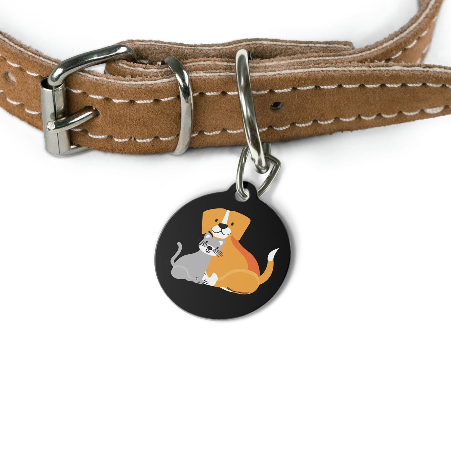 Pet Tag with Good Friends and Peace Message featuring a cartoon dog and cat, glossy finish, durable white coated metal, ideal for pet collars.