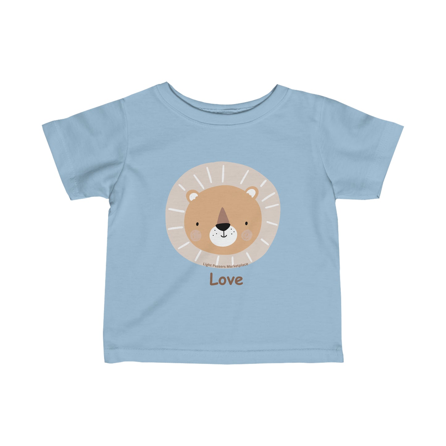 A blue baby tee featuring a cartoon lion face, designed for comfort and durability. Side seams, ribbed knitting, and taped shoulders enhance shape and fit. Lion Love Baby T-shirt.