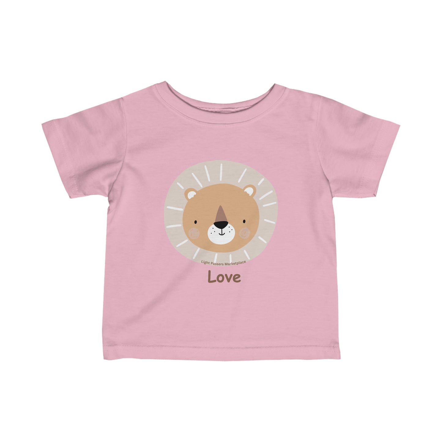 Infant fine jersey tee with lion face design. Side seams, ribbed knitting, and taped shoulders for durability and comfort. 100% Combed ringspun cotton. Light fabric, classic fit. Lion Love Baby T-shirt.