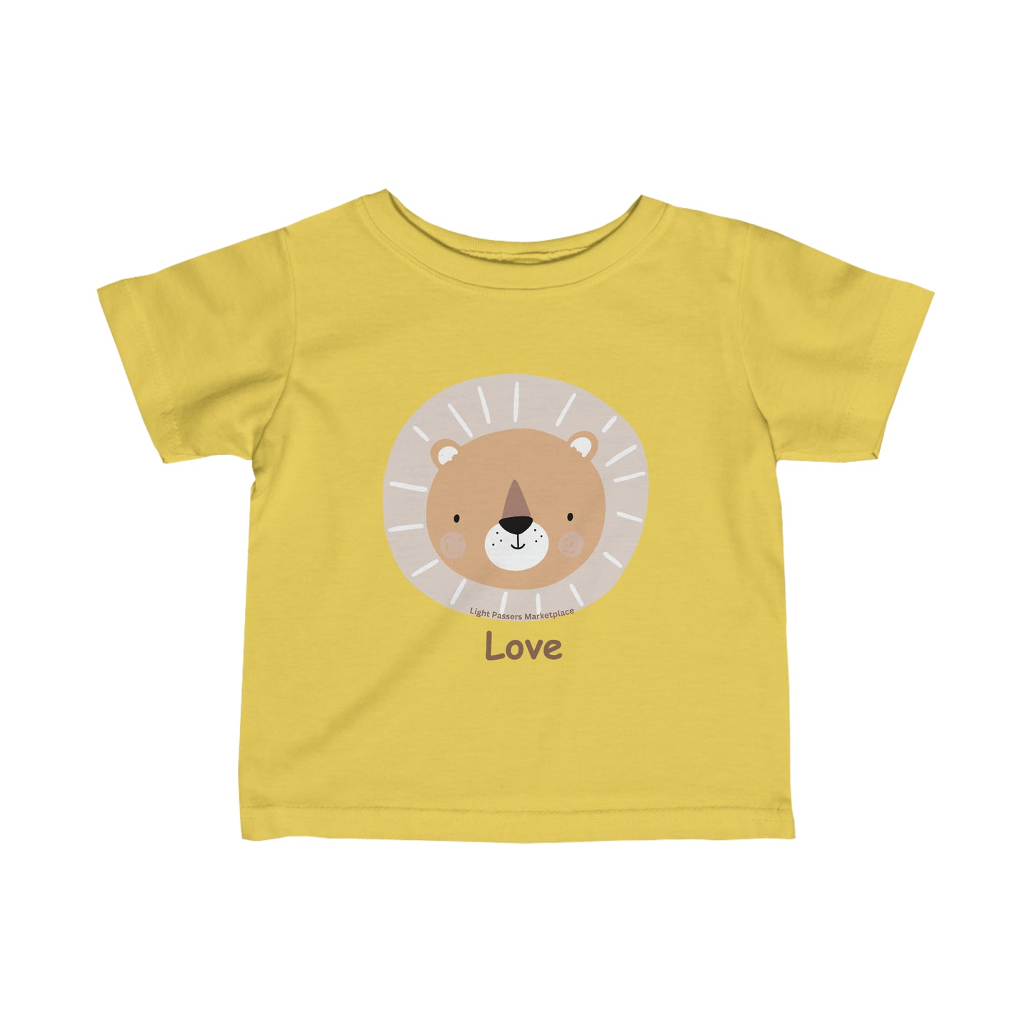 Infant fine jersey tee featuring a lion face cartoon design on a yellow shirt. Side seams, ribbed knitting, and taped shoulders for comfort and durability. Lion Love Baby T-shirt for younglings.