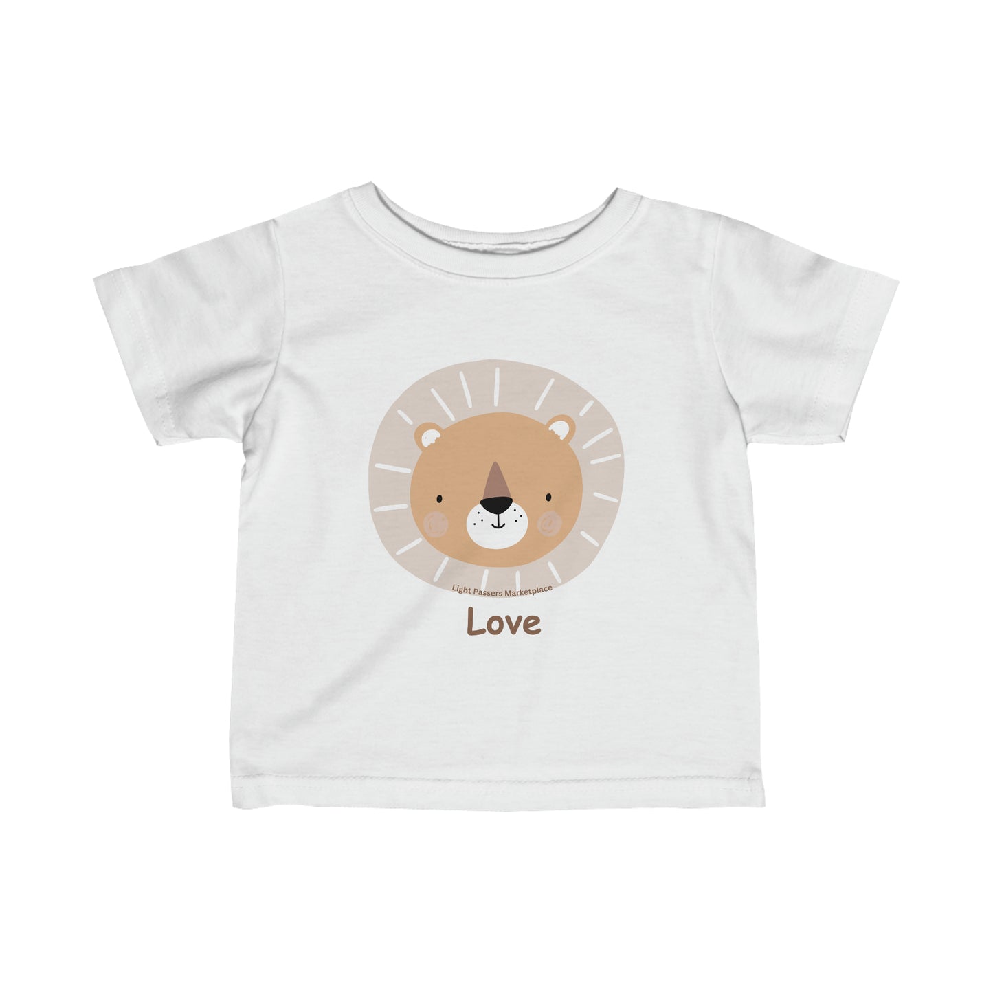 A white baby t-shirt featuring a lion face design, with ribbed knitting for durability and taped shoulders for a comfortable fit. Infant fine jersey tee with side seams, 100% combed ringspun cotton.