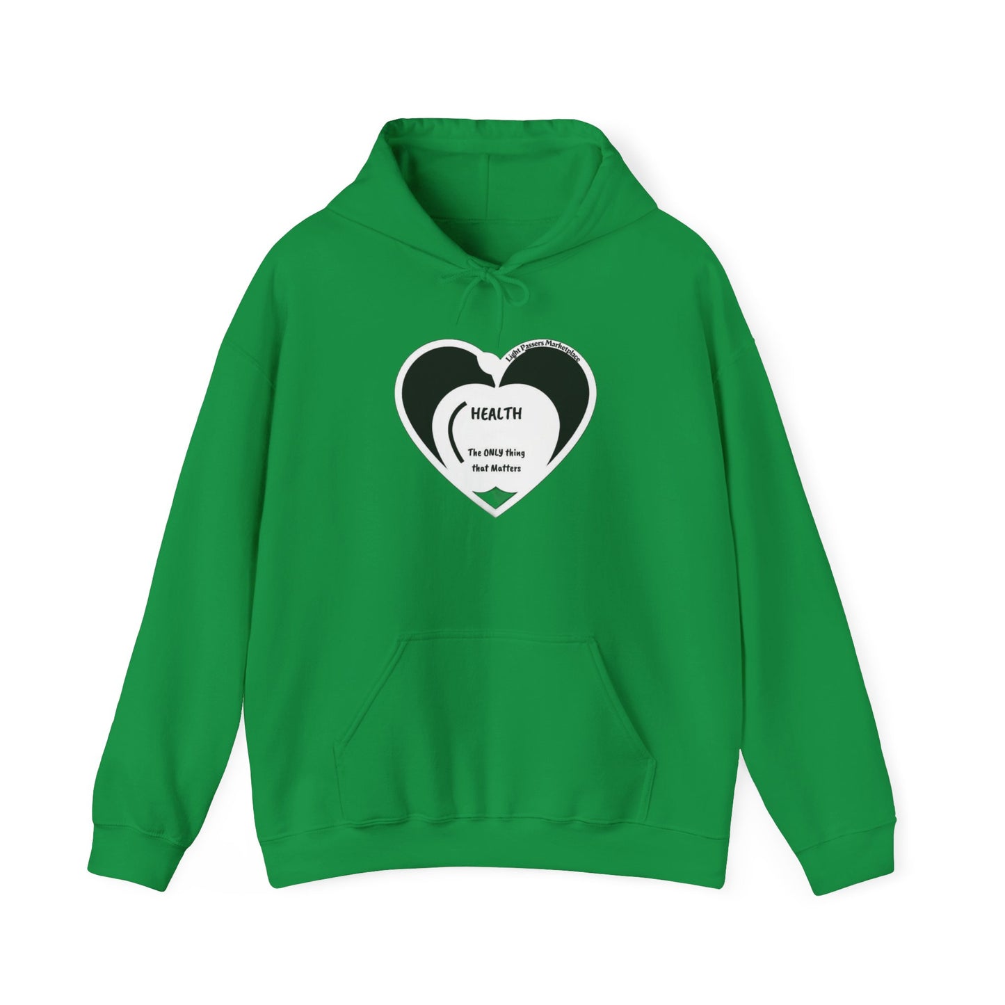 Health Happy Food Apple Adult Unisex Hoodie featuring a heart design, spacious kangaroo pocket, and color-matched drawstring, offering warmth and comfort with a plush cotton-polyester blend.