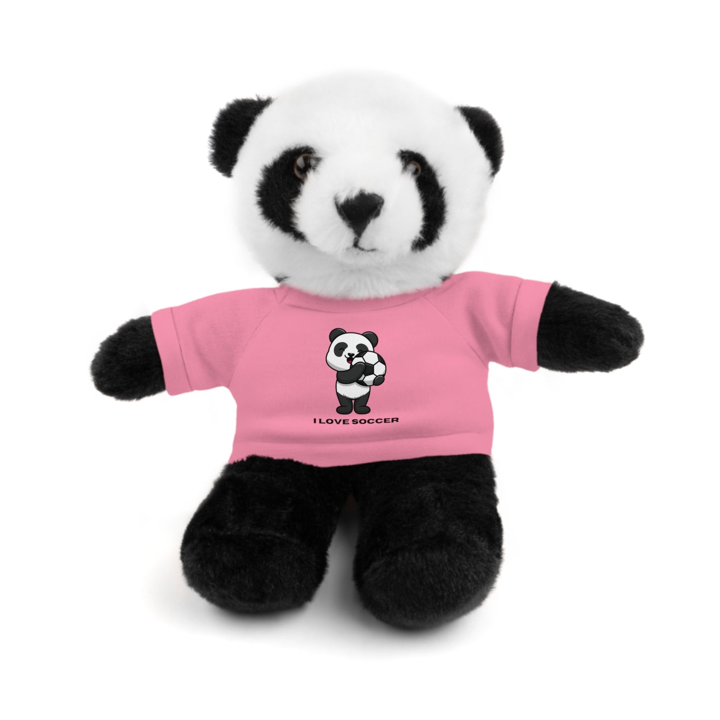 Panda Stuffed Animal with I Love Soccer Shirt, featuring a plush panda in a soccer-themed t-shirt, perfect for soccer fans and kids.