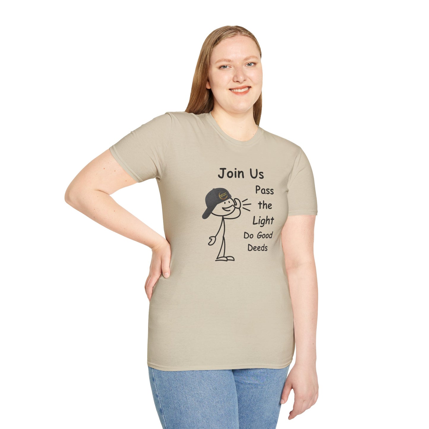 A woman in a soft-style unisex t-shirt, showcasing casual comfort. Made of 100% ring-spun cotton, with twill tape shoulders for durability and a ribbed collar. Ethically produced by Gildan.