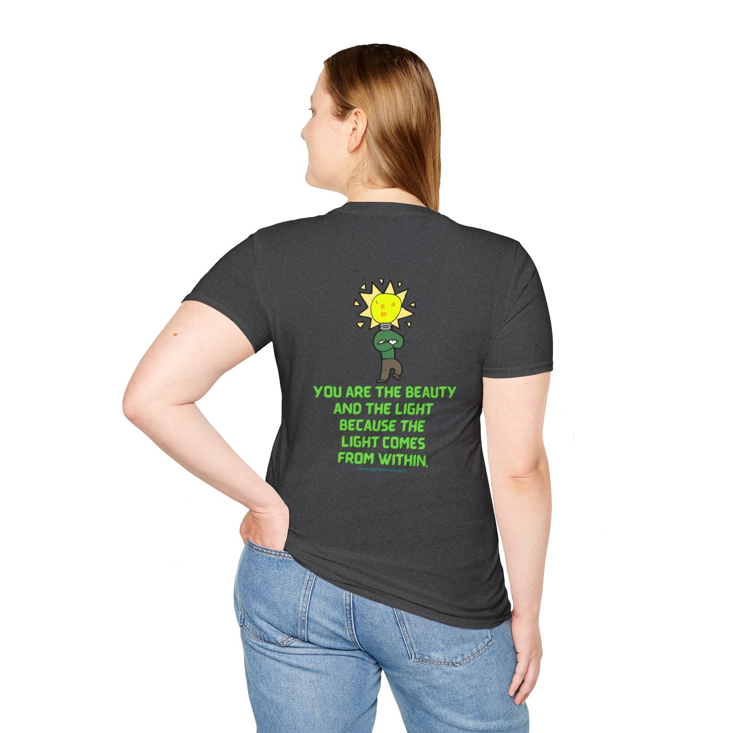 A woman in a Beauty and the Light Unisex T-shirt, featuring a light bulb design, no side seams for comfort, and durable shoulder tape.