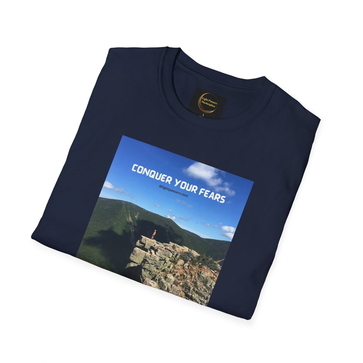 Unisex Conquer Your Fears Hiking T-shirt featuring a mountain graphic. 100% cotton, no side seams, tape on shoulders for durability. Medium fabric, classic fit, tear-away label.