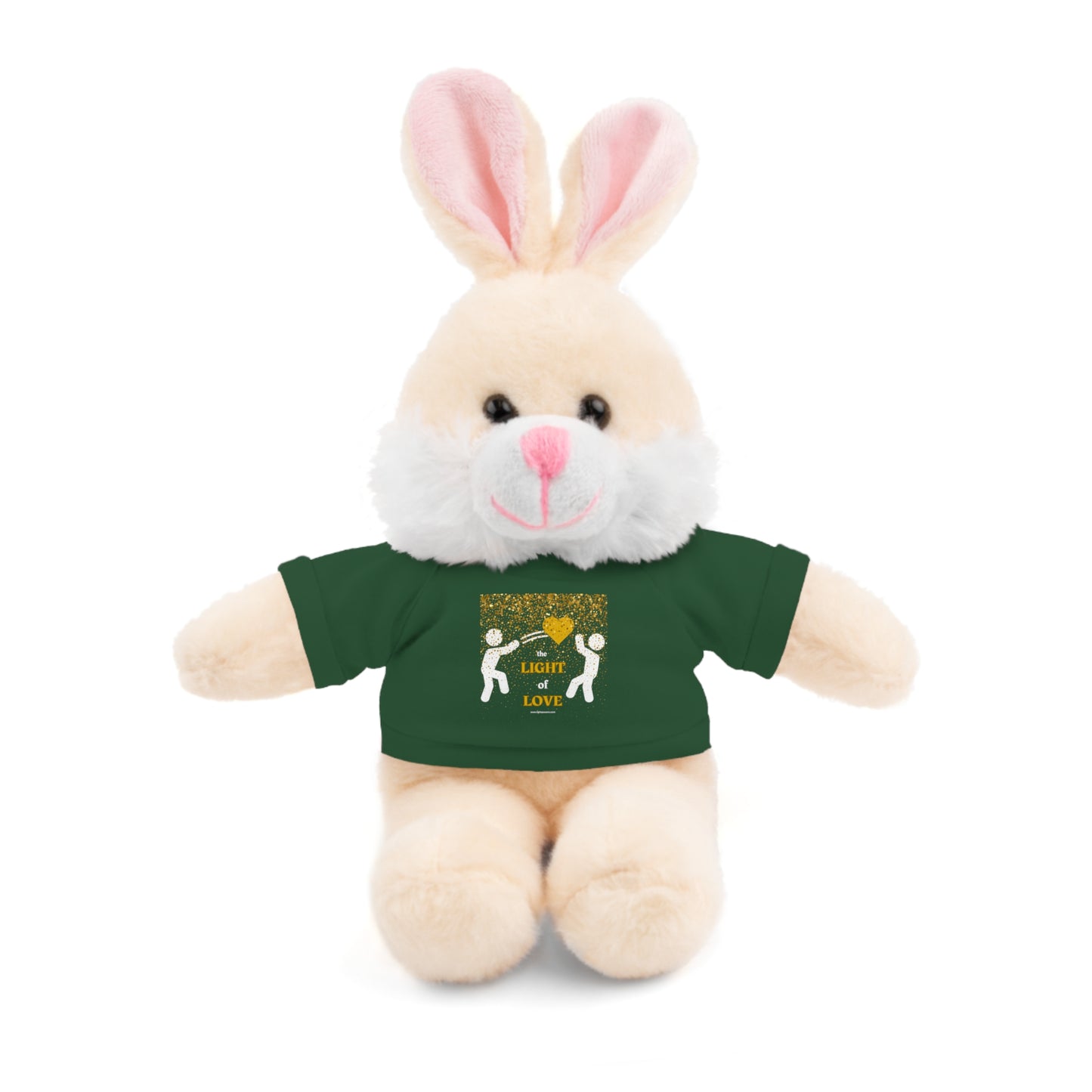 Cool Stuff Stuffies Light of Love Bunny, 8 inches tall, wearing a customizable cotton tee; perfect plush toy for children aged 3 and up.
