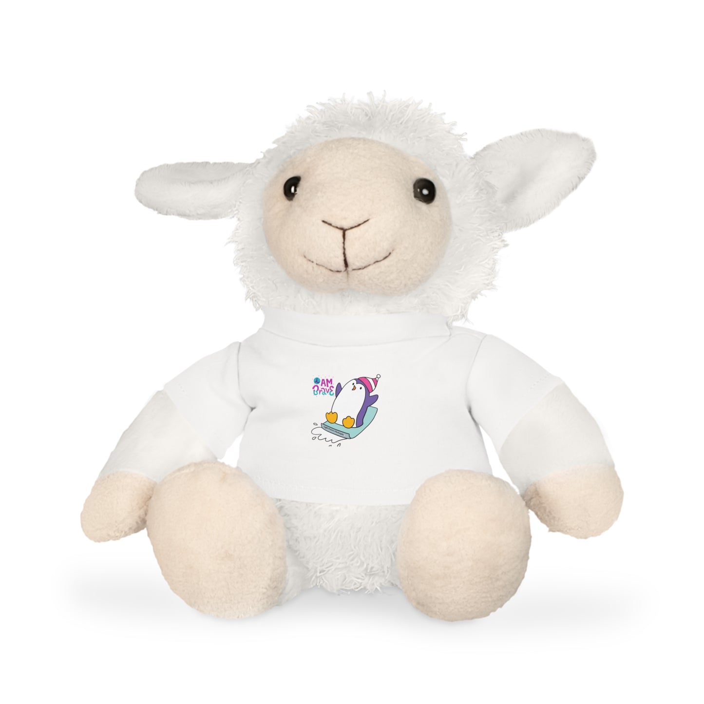 Stuffed animal sheep with a removable 'I am Brave' Penguin t-shirt, part of the Cool Stuff Stuffies collection.