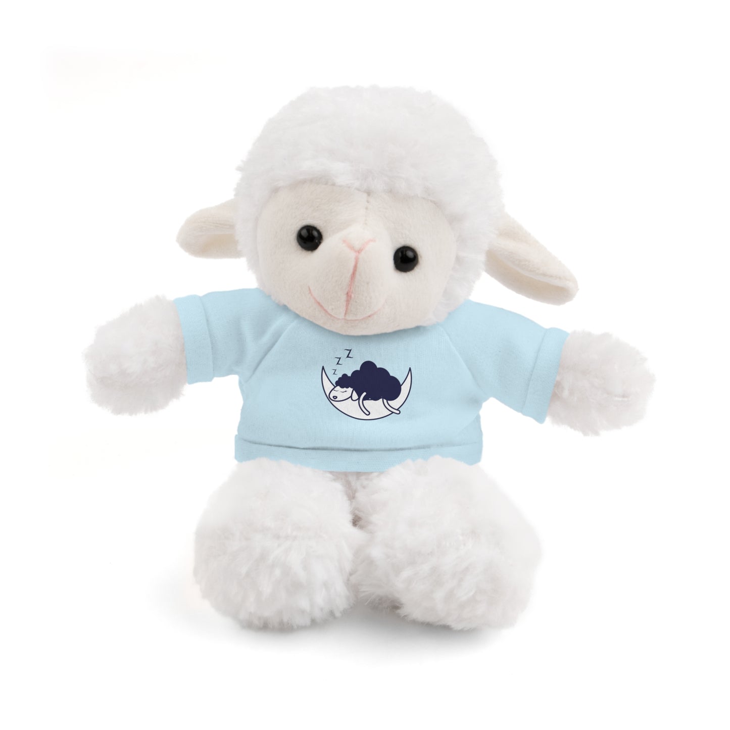 Sleep Sheep Stuffed Animal with shirt, 8 tall, features fluffy polyester fill and a cotton tee, designed for children aged 3 and up.