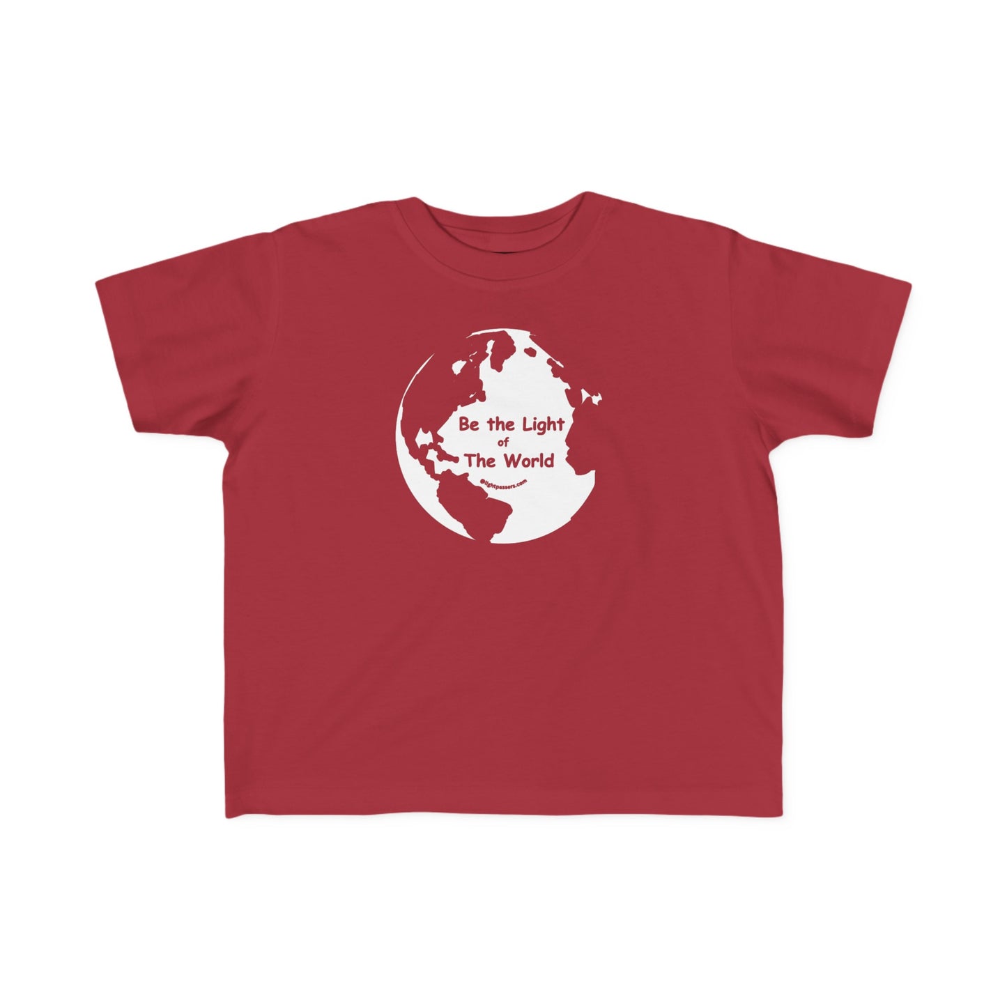 A red toddler t-shirt featuring a white globe and text design, made of 100% combed cotton. Soft, durable, and light fabric with a classic fit, perfect for sensitive skin.