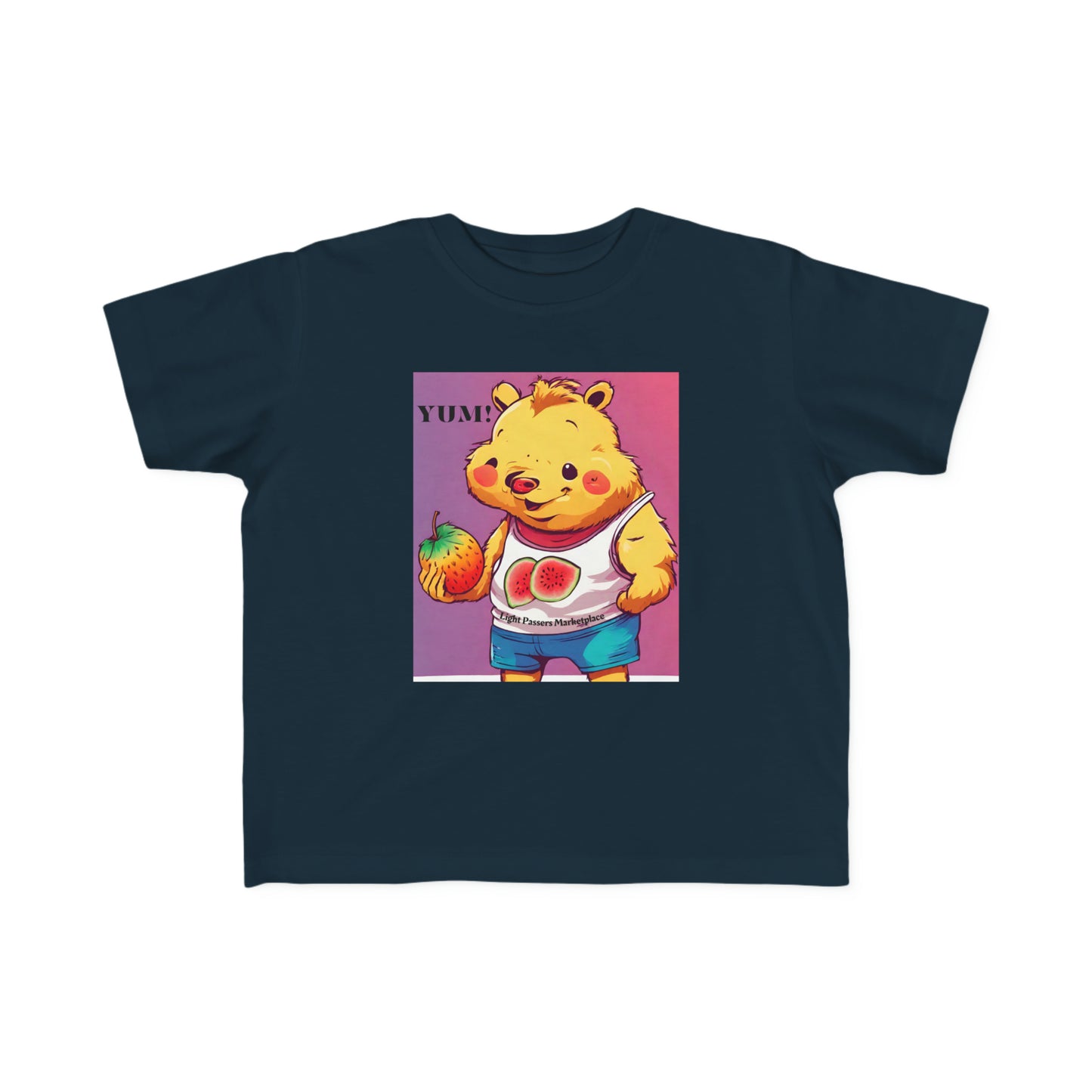 Yum Strawberries Toddler T-shirt featuring a blue shirt with a cartoon bear holding a fruit. Soft 100% combed cotton, durable print, tear-away label, perfect for sensitive skin.