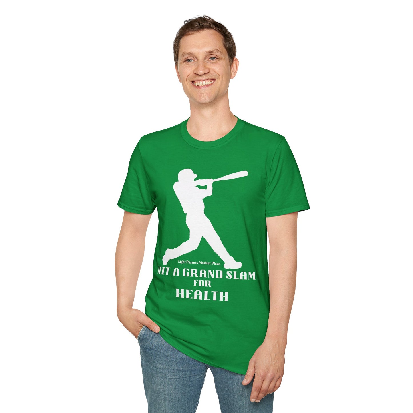 A smiling man in a green Grand Slam For Health unisex t-shirt, showcasing a casual, comfortable style with twill tape shoulders and ribbed collar. Made of soft 100% cotton for year-round blissful wear.