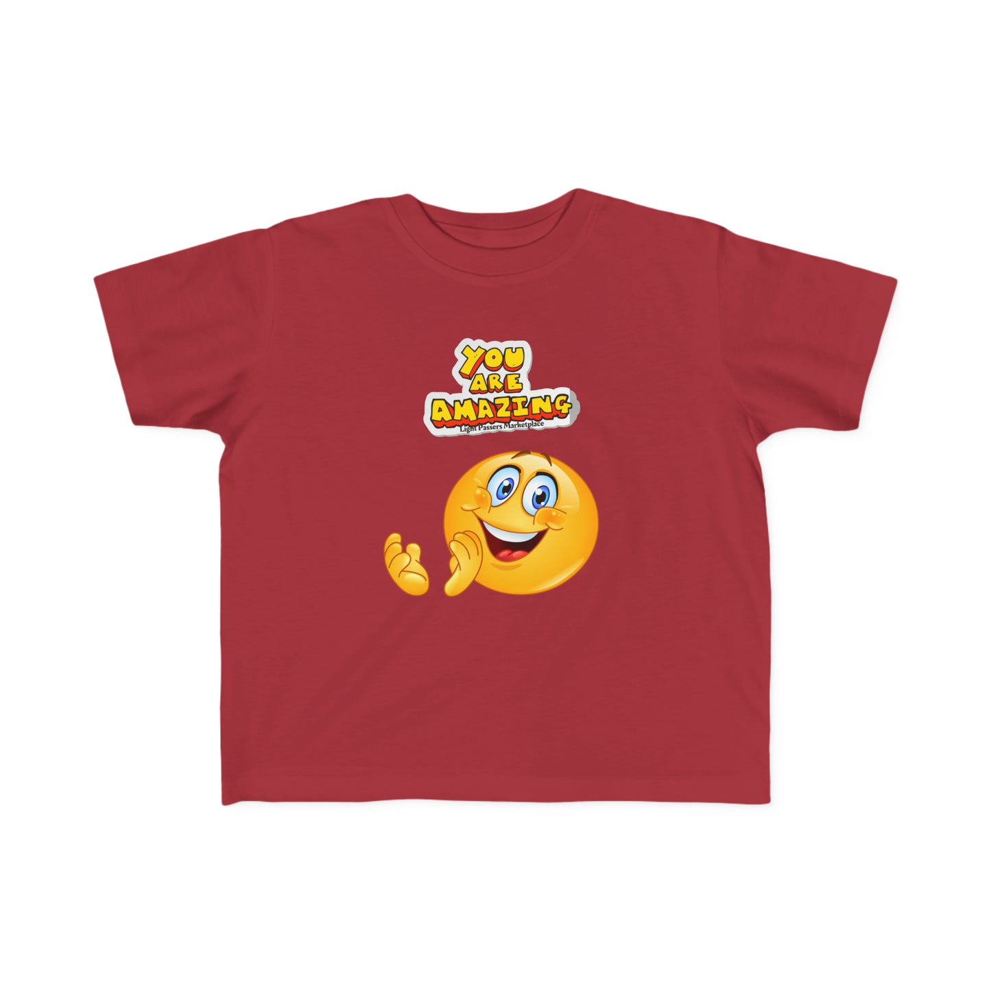 A red toddler t-shirt featuring a cartoon face design, made of soft 100% combed cotton. Durable print, light fabric, tear-away label, classic fit, true to size.