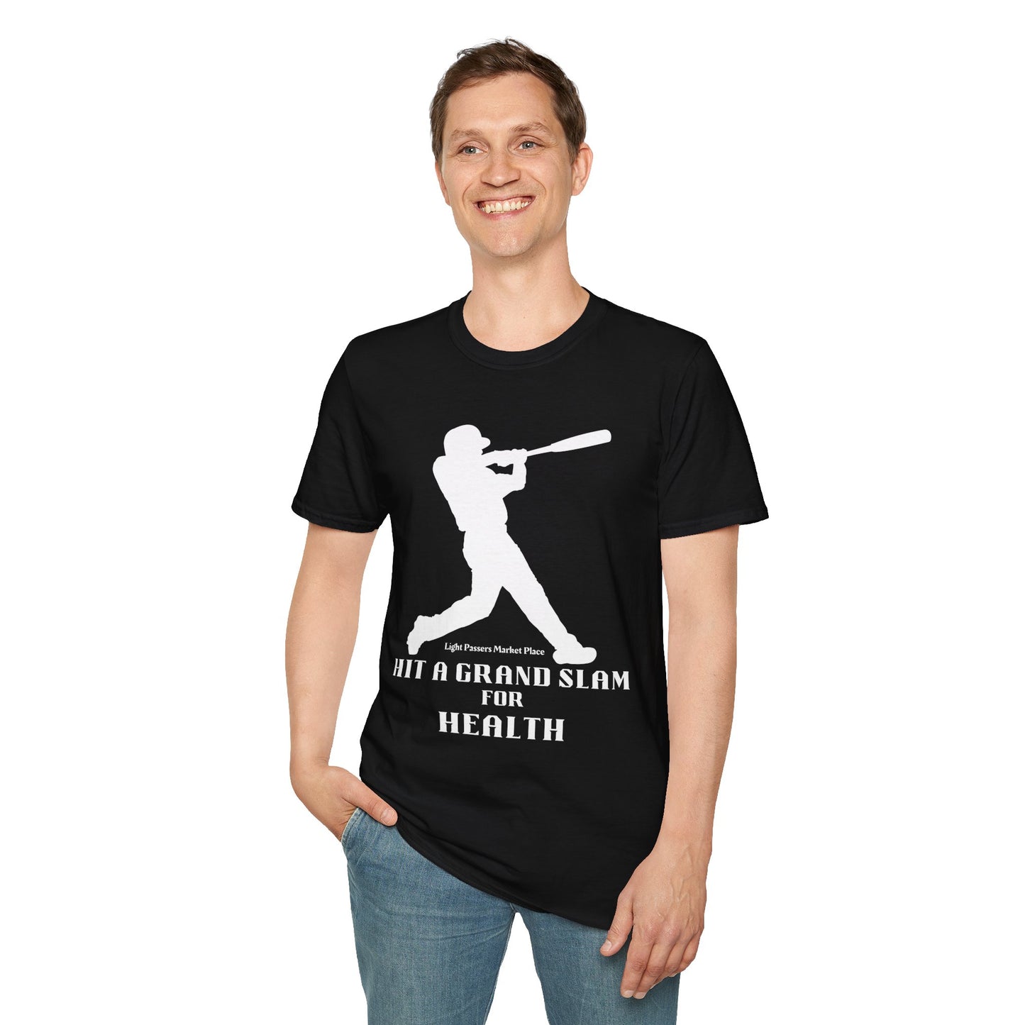 A man in a black Grand Slam For Health unisex t-shirt with a baseball bat design, showcasing casual comfort in 100% ring-spun cotton.