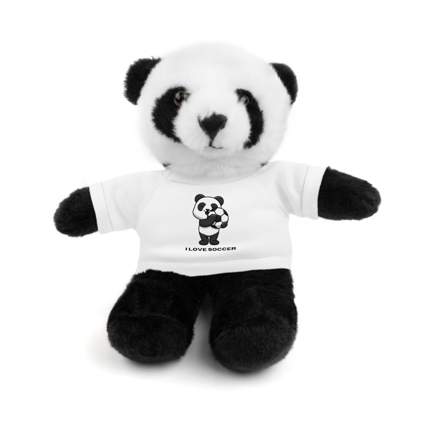Panda Stuffed Animal with I Love Soccer Shirt: A plush panda bear in a soccer-themed white t-shirt, ideal for kids and soccer enthusiasts.