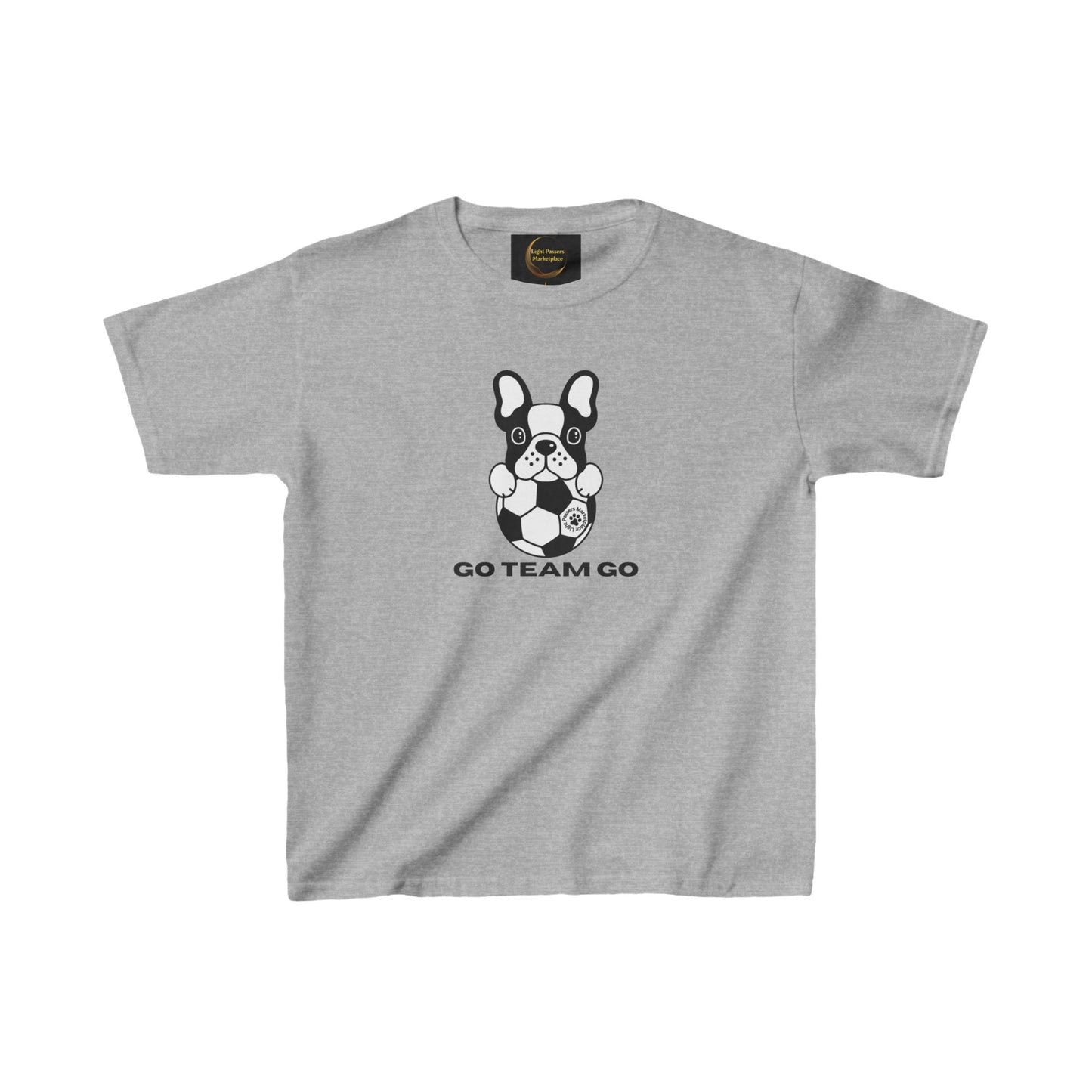 Teams Soccer Dog Go Team Go Youth T-shirt featuring a playful black and white dog with a soccer ball, ideal for young soccer enthusiasts.