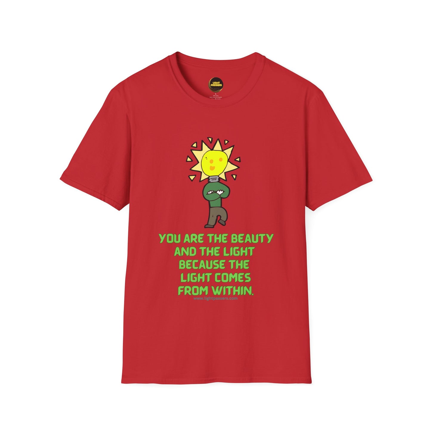 The Light Beauty and The Light Adult Unisex T-Shirt features a cartoon light bulb character, ideal for casual wear with its positive message.