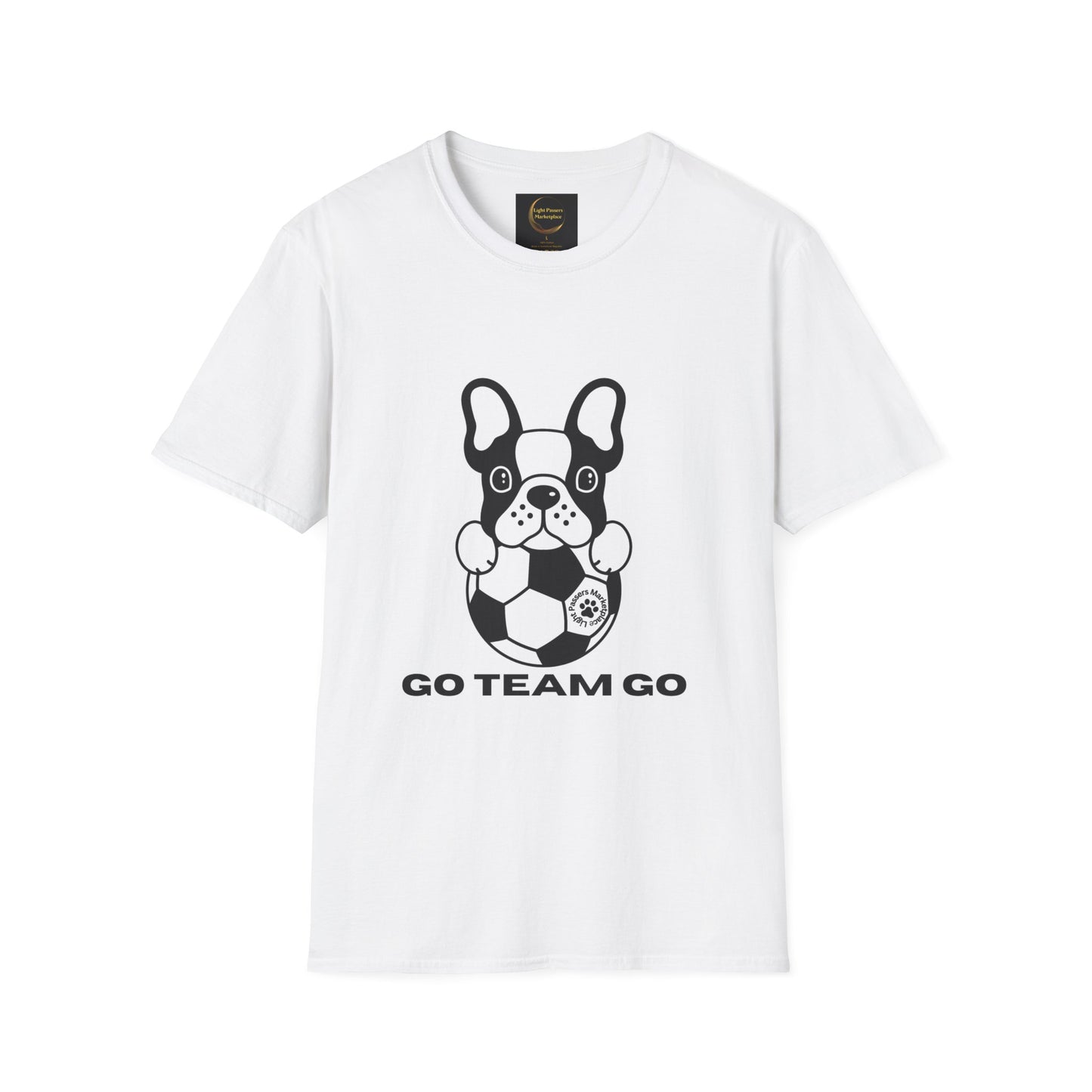 A white unisex t-shirt featuring a dog with a soccer ball logo. Made of soft 100% ring-spun cotton, with twill tape shoulders for durability and a ribbed collar. Certified by Oeko-Tex for safety.