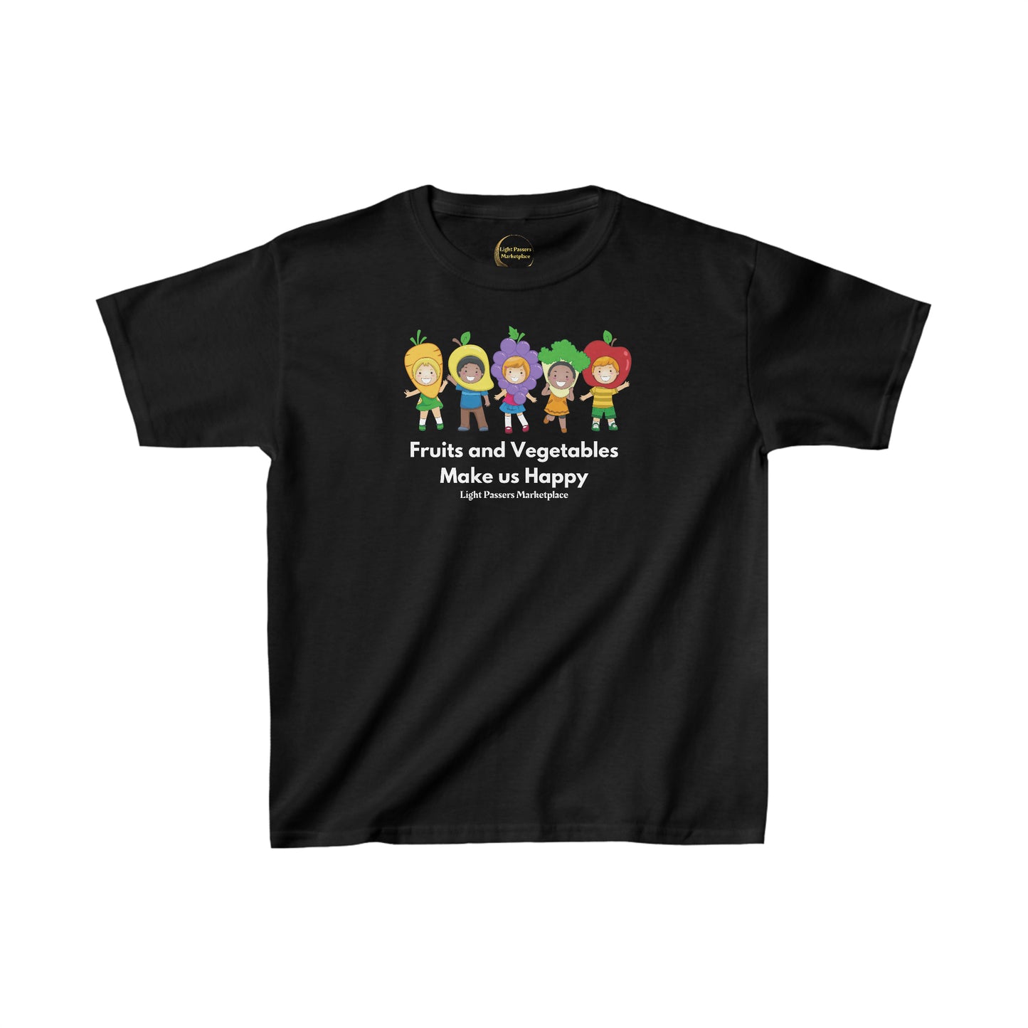 Youth black t-shirt featuring cartoon characters of kids in fruit and vegetable outfits. Made of 100% cotton with twill tape shoulders and ribbed collar for durability. Ethically sourced US cotton.