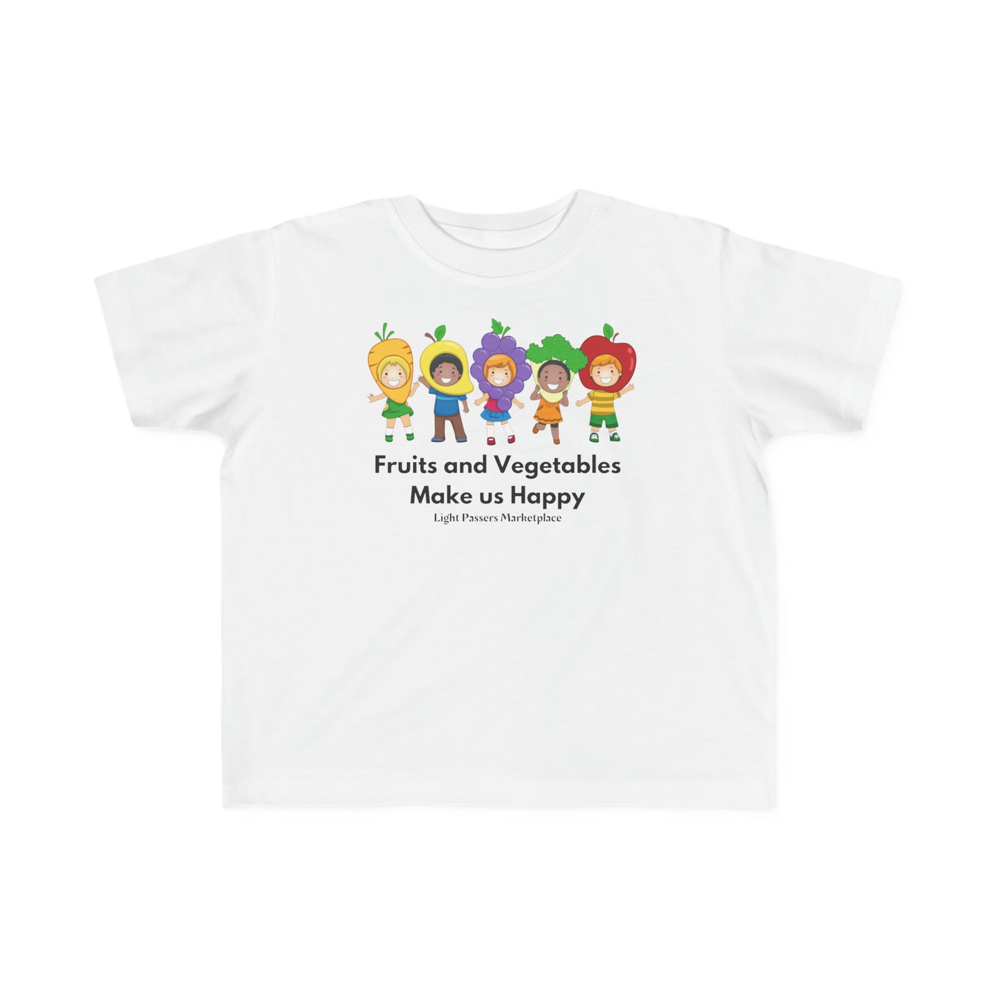 A white toddler t-shirt featuring cartoon characters of kids in fruit and vegetable-themed outfits. Made of soft, 100% combed cotton with a durable print. Perfect for sensitive skin and playtime adventures.