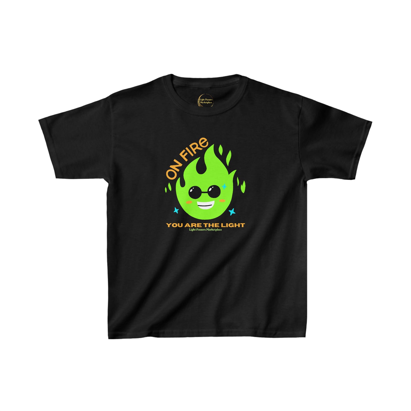 Youth black t-shirt with green flame, yellow text, and cartoon fire design. 100% cotton, durable twill tape shoulders, tear-away label, classic fit. Ideal for everyday wear.