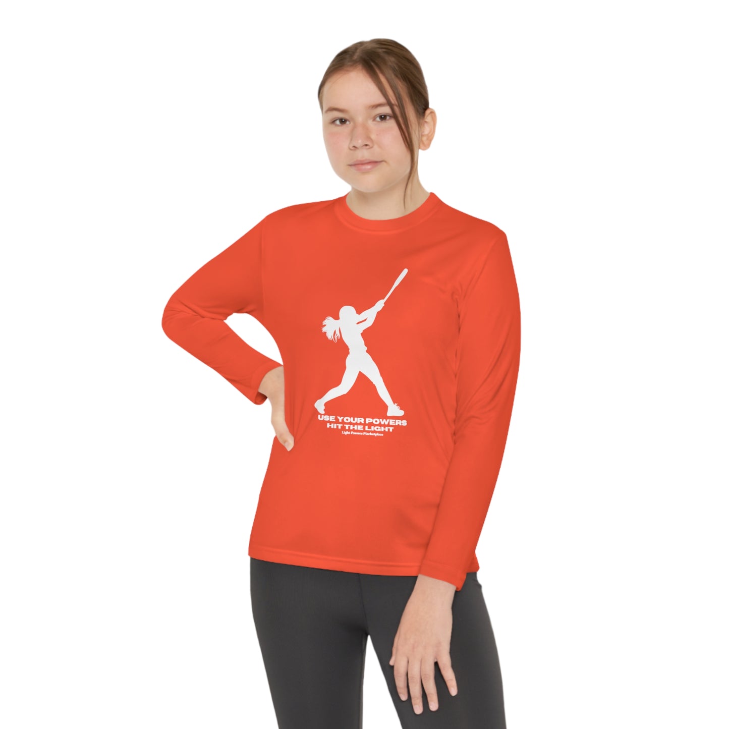 A youth long sleeve t-shirt featuring a girl swinging a bat silhouette. Made of 100% moisture-wicking polyester, lightweight, breathable, and perfect for active kids.